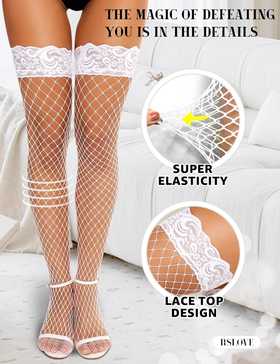 RSLOVE Women'S Lace Top Fishnet Thigh-High Stockings with Antiskid Silicone Sexy Stay up Tights Pantyhose - Fluorescent Pink image number 2