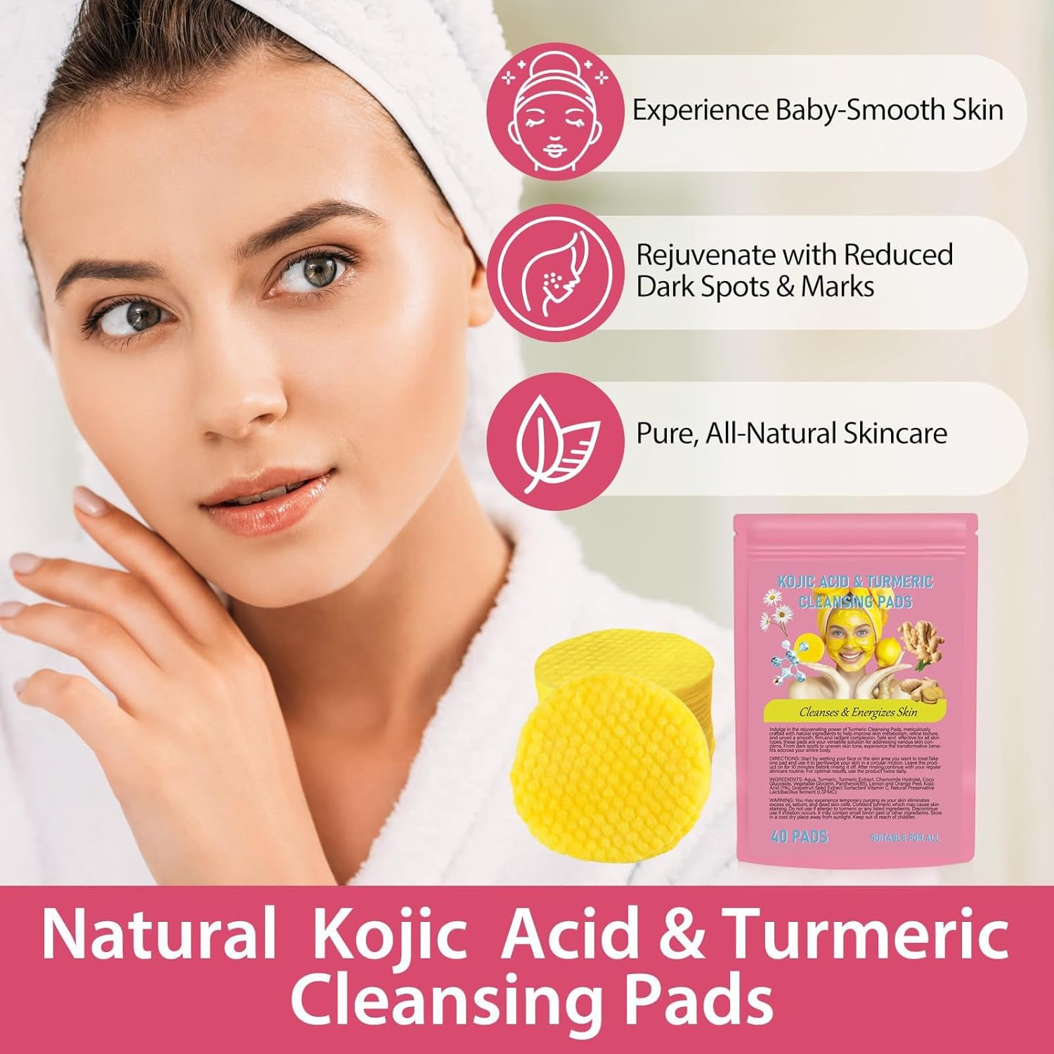 Turmeric Kojic Pads, Turmeric Cleansing Pads, Compressed Facial Sponges, Portable Skin Care Tools,Travel Essentials Facial Sponges - 1-PINK