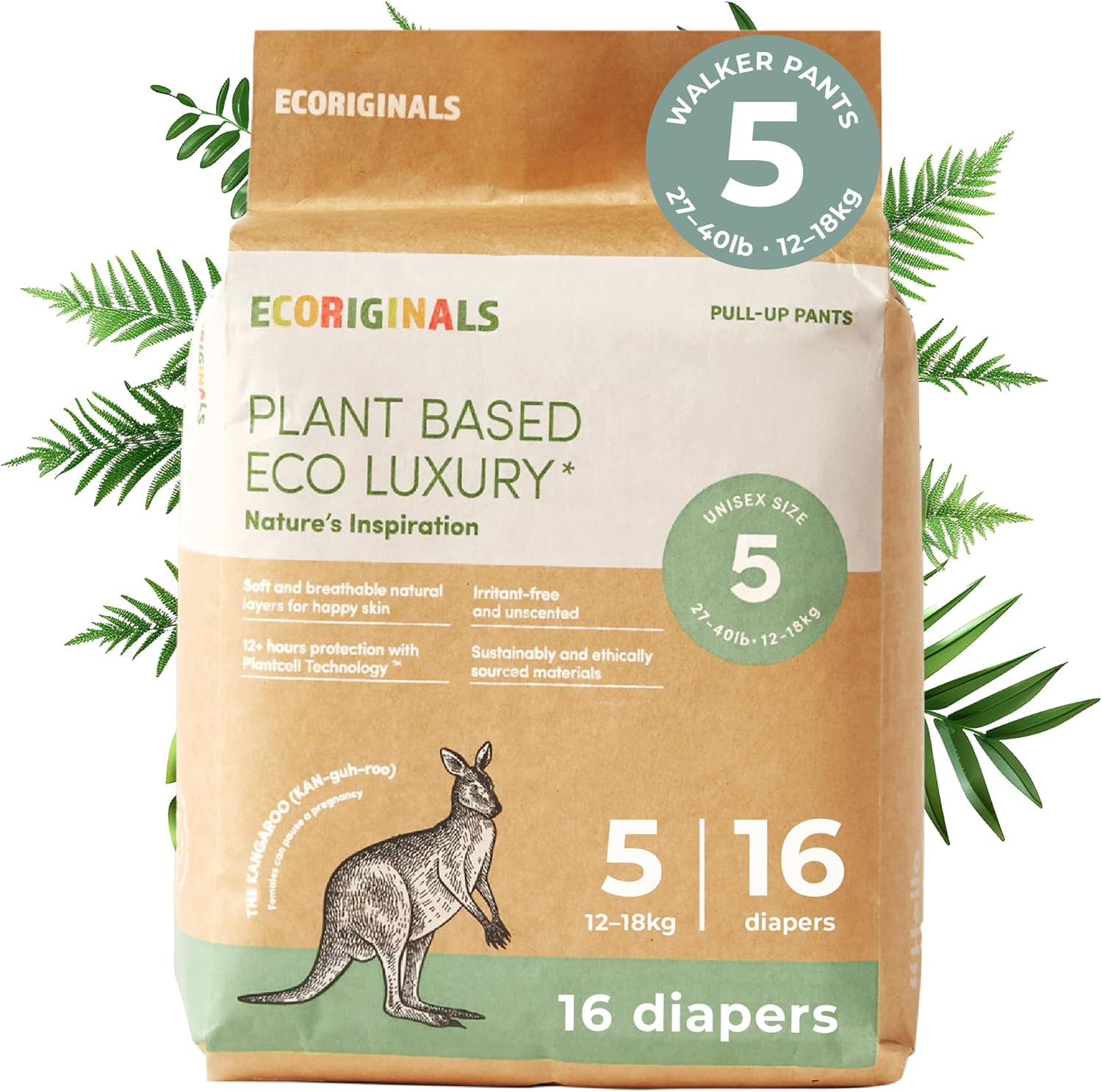 Ecoriginals - 16 Eco Walker Pull up - Nappy Pants Size 5 with 100% Plant-Based Layers, Disposable Pull Ups & Hypoallergenic Baby Essentials for Toddlers - Secure Fit Nappies (12-18Kg), 1 Pack image number 4