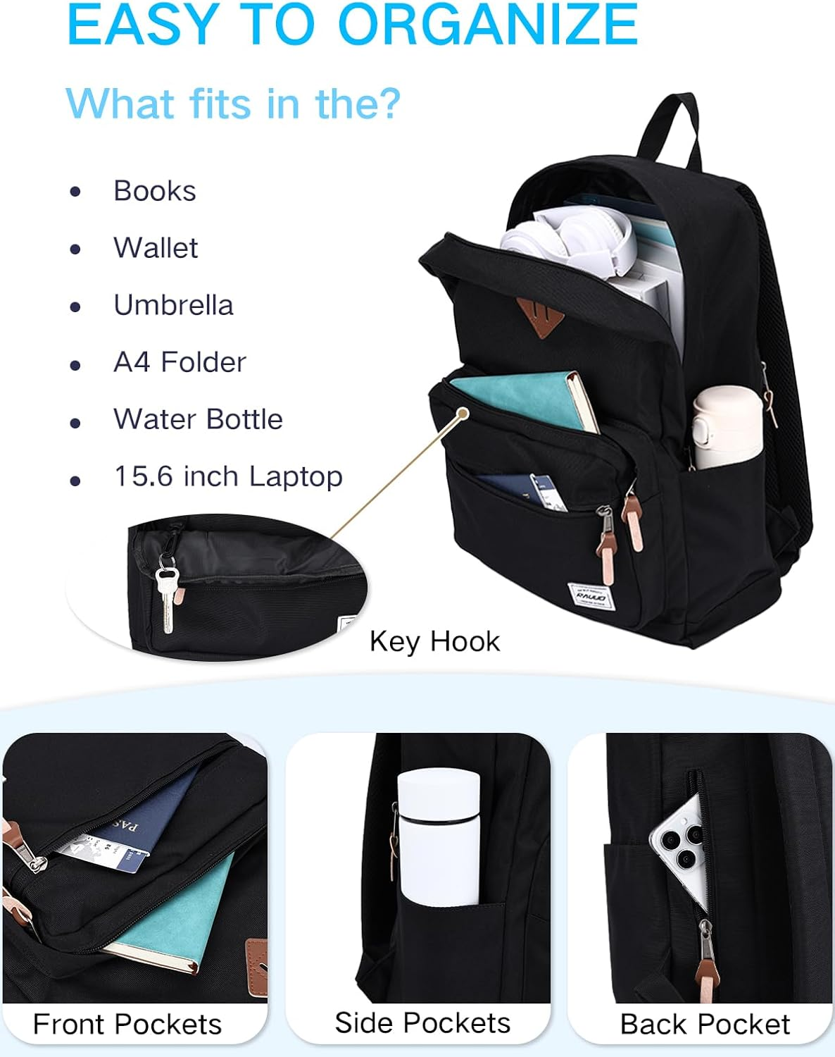 School Backpack,Ravuo Water Resistant Unisex Classic Basic Casual Bookbag - Blue image number 7