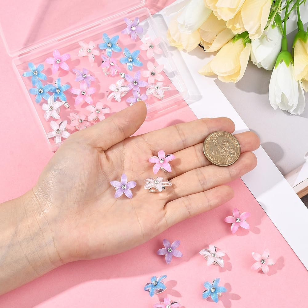 SUNNYCLUE 1 Box 30Pcs 5 Colors Flower Hair Clips Cute Hair Clips 5 Petal Flowers Hairpin with Rhinestone Resin Floral Barrettes Pins for Braid Accessories DIY Crafts Decoration Wedding Party Women image number 5