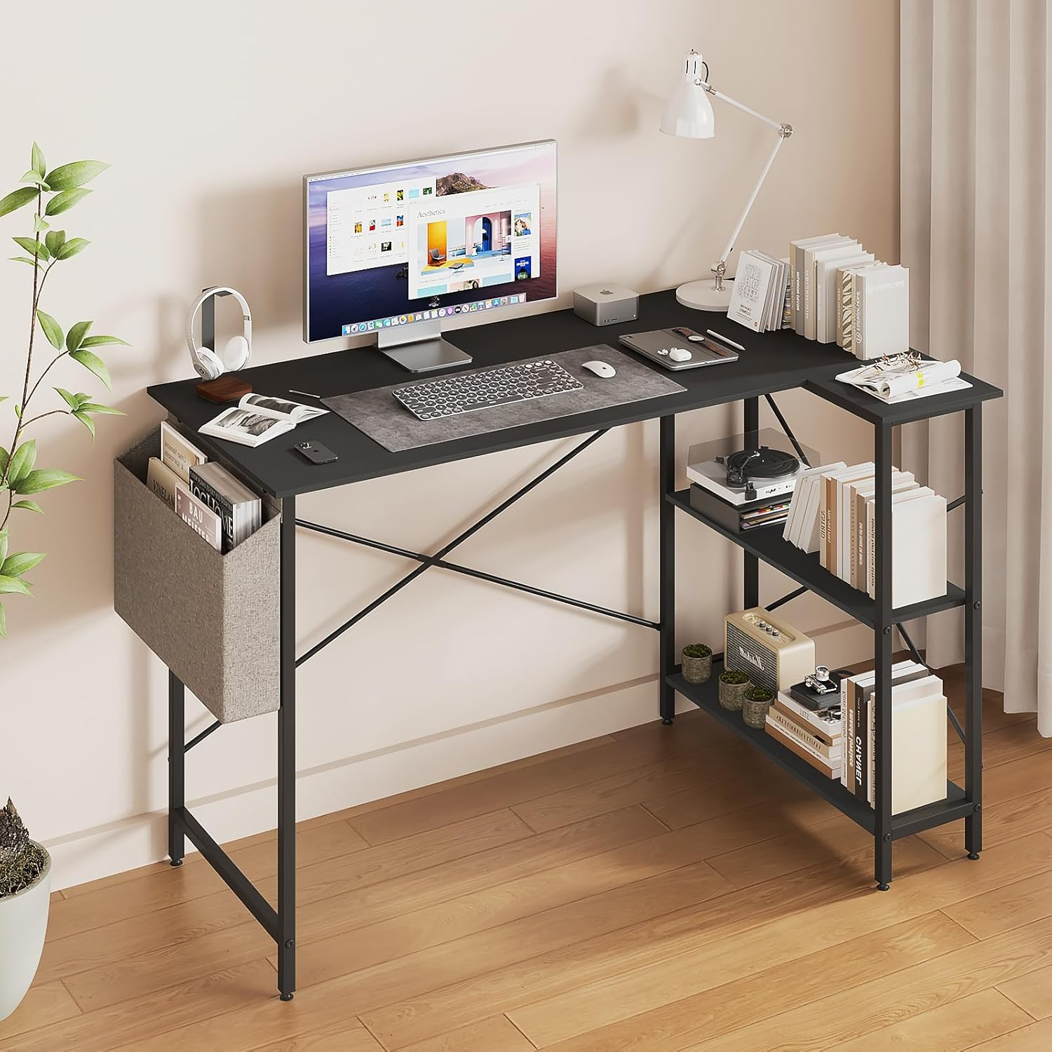 Advwin L Shaped Gaming Desk with LED Lights & Power Outlets Computer Corner Desk with Monitor Stand Gaming Table with Hook White