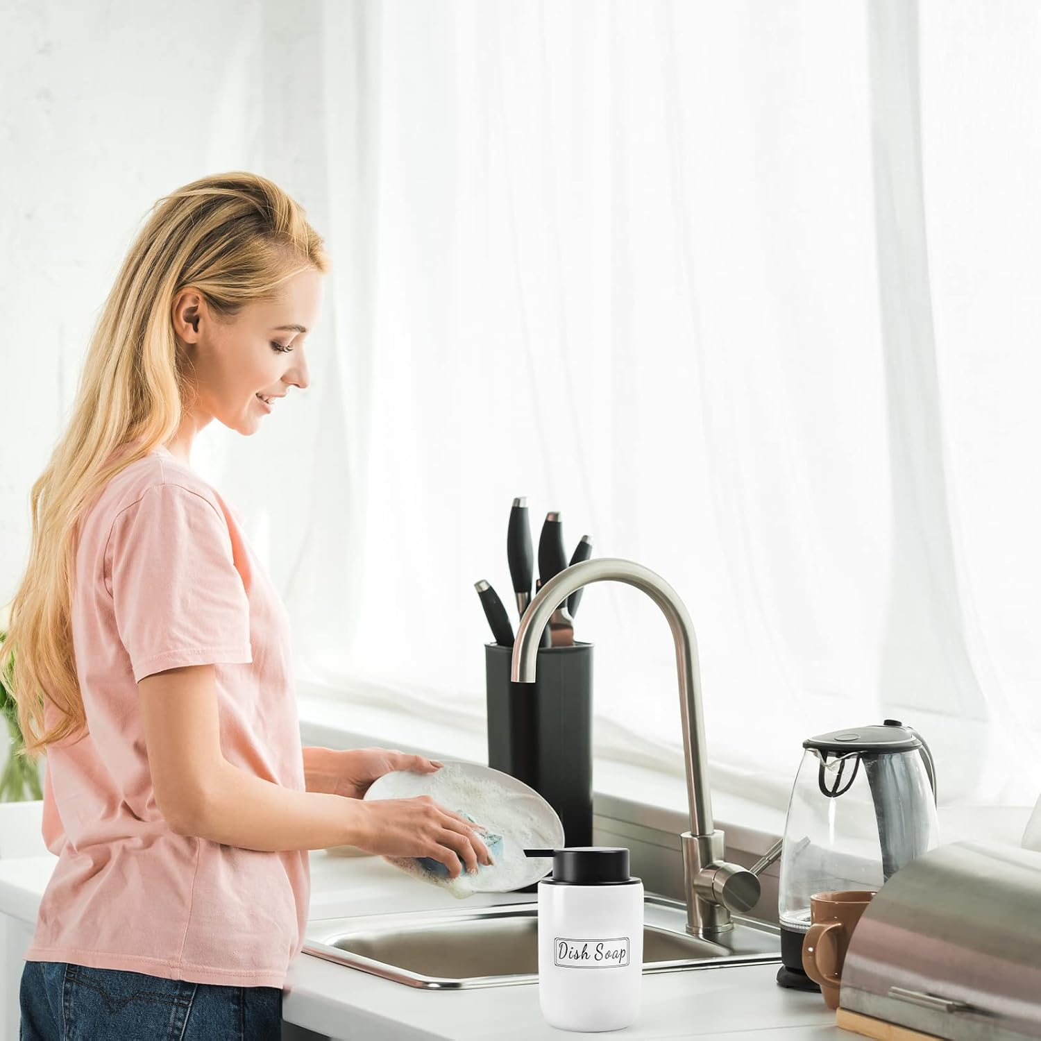 Bosilunlife White Soap Dispenser Set - 2 Pack 12Oz Ceramic Dish Soap Dispenser with Rust Proof Pump for Kitchen, Hand Soap and Lotion Set Suitable for Farmhouse Bathroom Decor with Waterproof Labels image number 3