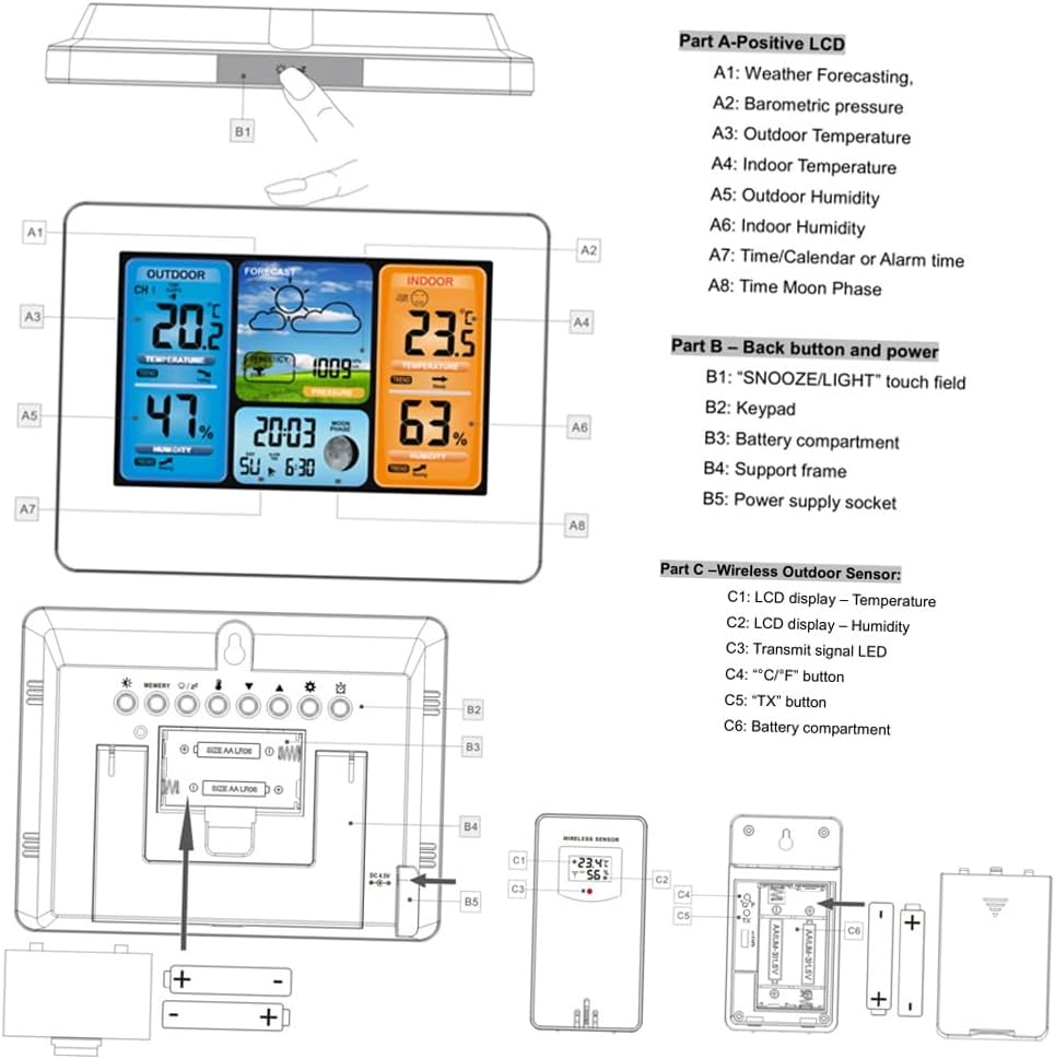 Domary FJ3373 Multifunction Digital Weather Station LCD Alarm Clock Indoor Outdoor Weather Forecast Barometer Thermometer Hygrometer with Wireless Outdoor Sensor USB Power Cord