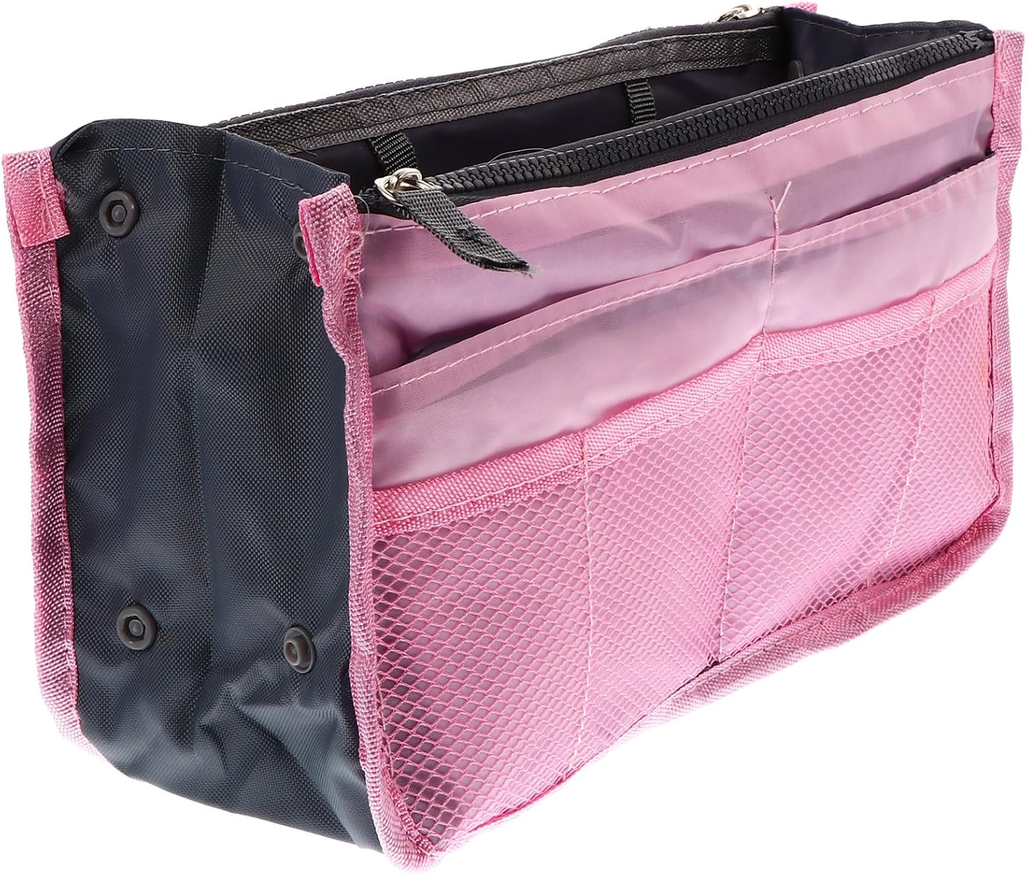 Sewroro Multi-Layer Portable Makeup Storage Bag Liner with Large Capacity and Multiple Pockets, Foldable Nylon Handbag Organizer for Travel and Outdoor Toiletry Use, Pink image number 3