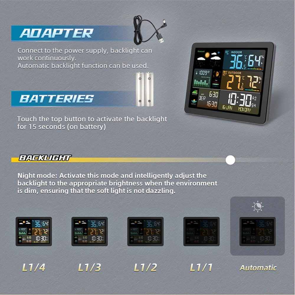 FJ3566M Smart Weather Station with Clock Indoor and Outdoor Temperature & Humidity Meter Multifunctional Large Color Screen Weather Clock Temperature & Humidity Gauge with 1 Sensor(Support up T image number 4