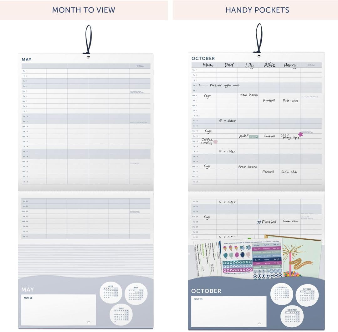 Busy B Large Family Wall Calendar 2025 &ndash; Blue Birds Design with 5 Columns & Storage Pockets - Monthly 2025 Calendar for Busy Families with Colour-Coded Stickers - 30.5 X 30.5Cm image number 5
