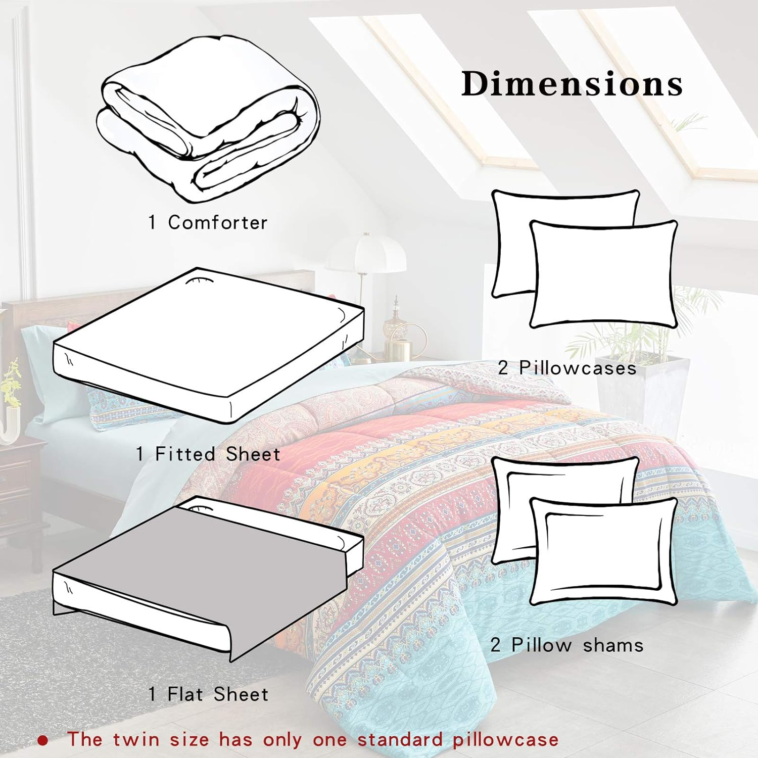 Flysheep Boho Striped Bed in a Bag 7 Pieces Queen Size, Colorful Bohemian Tribal Teal Blue Red Reversible Comforter Bed Set (1 Comforter, 1 Flat Sheet, 1 Fitted Sheet, 2 Pillow Shams, 2 Pillowcases) image number 1