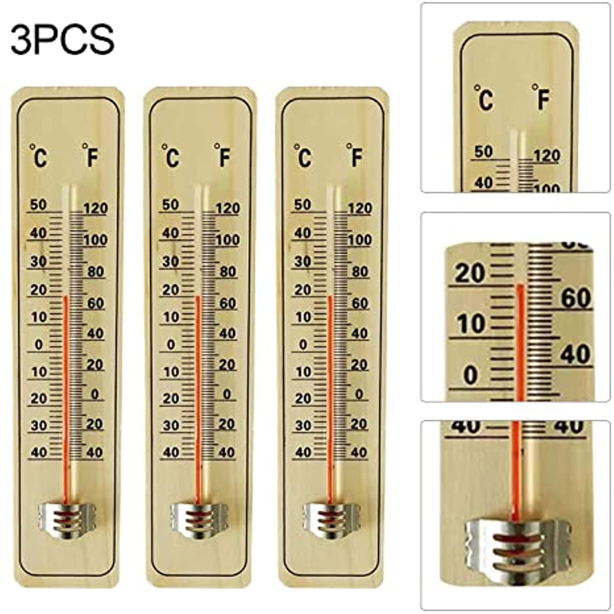 3PCS Wooden Thermometer, Indoor Outdoor Thermometers with ℉/℃ Traditional Wall Mounting,Analogue Thermometer for Home Room Office Temp Shop School image number 2