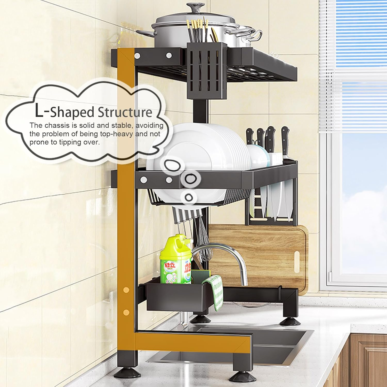 Over the Sink Dish Drying Rack, 2 Tier Large Capacity over Sink Dish Rack, Metal over the Sink Dish Drainer Drying Rack, Multi-Functional over Sink Dish Rack Display for Kitchen Counter image number 5