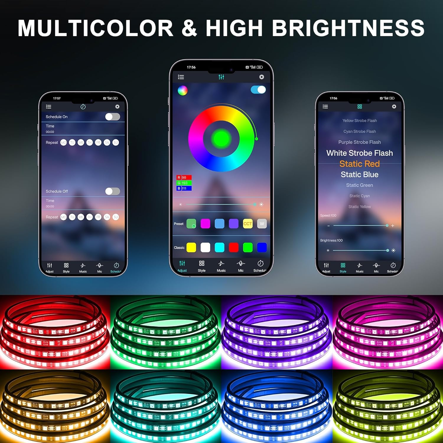 Underglow Light Strip RGB - 4PCS Car Neon Lights Kit with 252 Leds, Bluetooth APP Control, 8-Color RGB & Music Sync, Waterproof PVC Strips for Cars, Trucks, Suvs image number 6