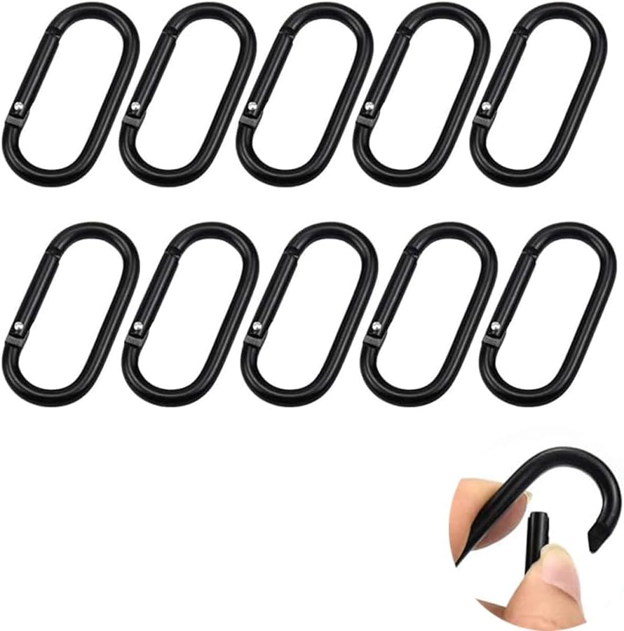 10Pcs Carabiner Clips Heavy Duty Snap Hooks Aluminium Alloy Keychain Hook Spring Loaded Climbing Clip Oval Ring Carabiner for Traveling Fishing Camping Hiking Black