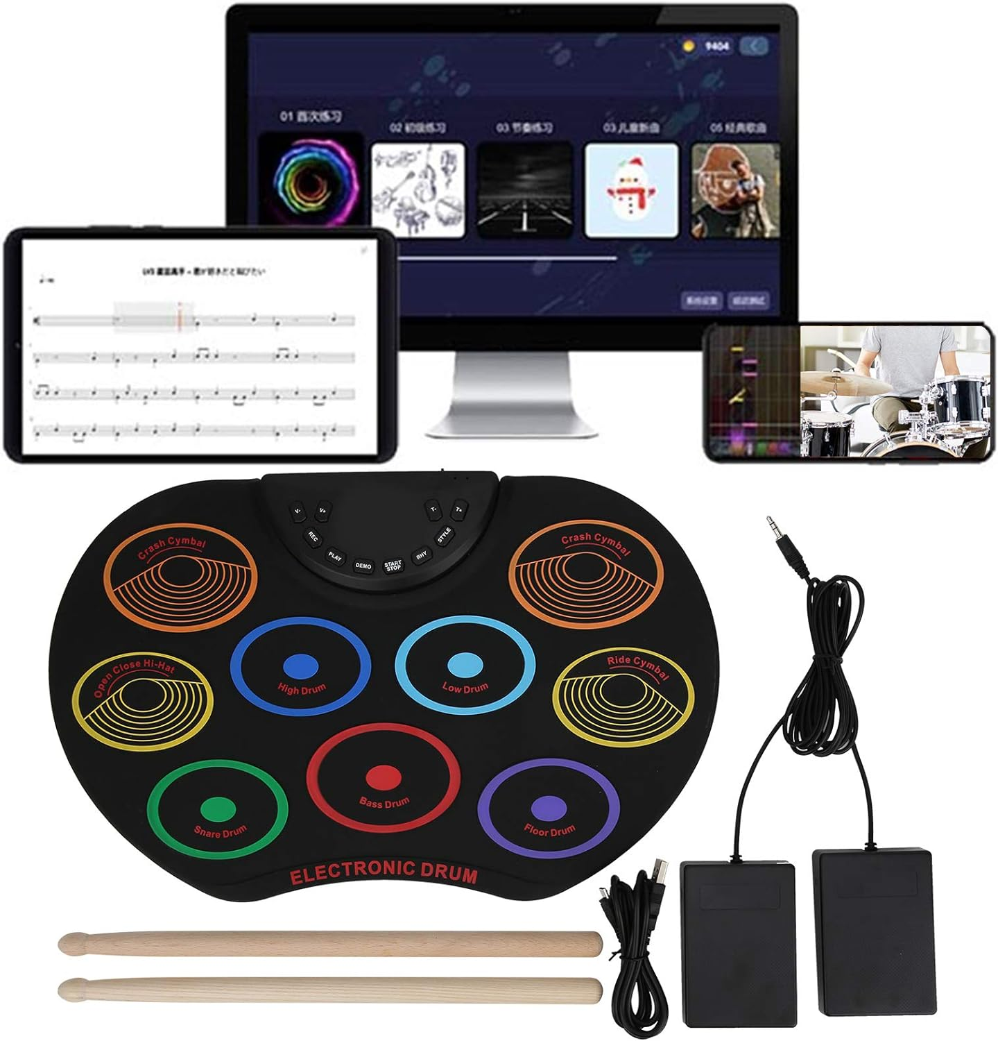 Electronic Drum Set, Portable Foldable Roll up Practice Pads, 3 Tones 12 Rhythms 12 Demo Songs, Built-In Speaker, Pedals, Sticks, Colorful Electric Kit for Beginner Kids image number 3