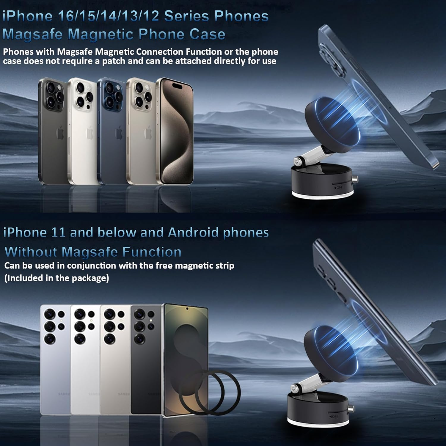 ROUMAYMAY Car Phone Holder Vacuum Suction Mount, Foldable Cup Retractable Adjustable Strong Magnetic for Cell Phone Stand on Dashboard Vent Windshield Car/Travel/Desktop, Black image number 6