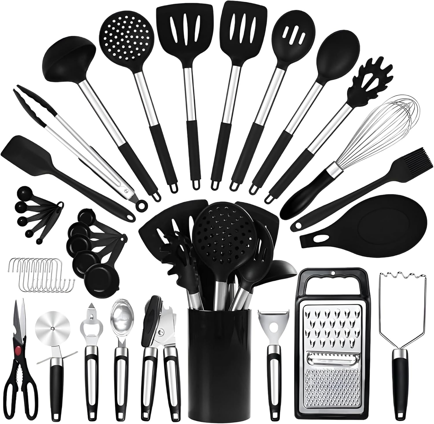 RFAQK Kitchen Utensils Set with Holder, 40Pcs Silicone Cooking Utensils for Nonstick Cookware,Heat Resistant Kitchen Tools & Gadgets with Can Opener,Potato Peeler,Tongs, Spatulas, (40 Pcs Khaki) image number 5
