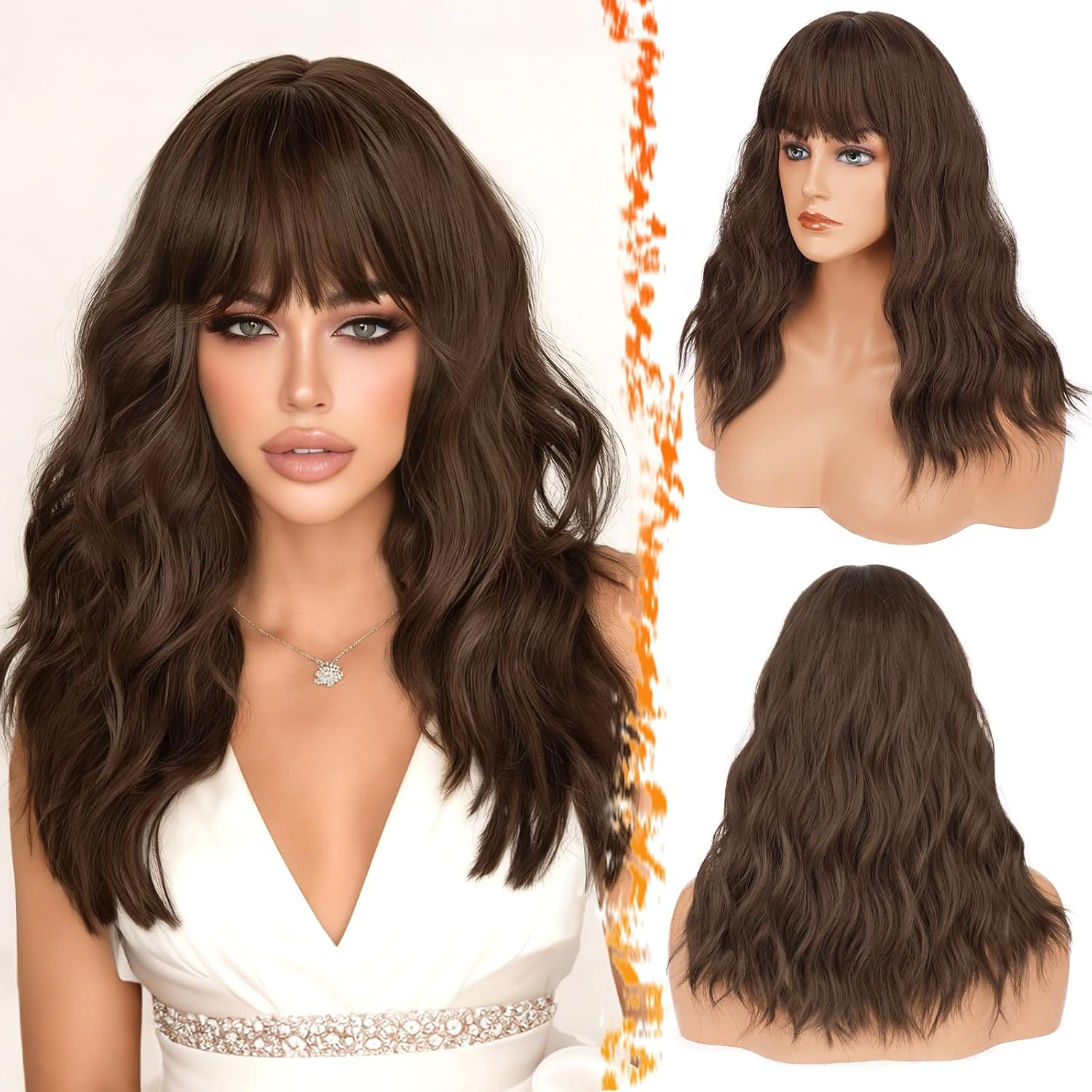 BARSDAR 46 Cm Medium Long Wavy Brown Wig with Fringe, Wig with Fringe for Women, Curly Wavy Heat Resistant Synthetic Shoulder Length Wig Cosplay Party - Light Chocolate Brown image number 4
