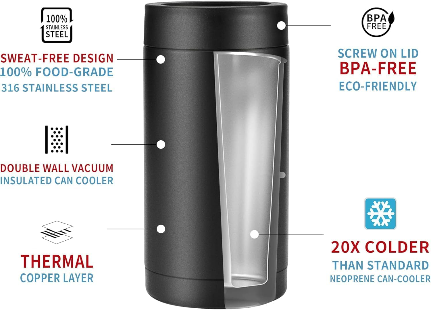 Beer Can Cooler, 16Oz Stainless Steel Double Wall Insulated Can Cooler, Beer Bottle Holder, Bottle or Tumbler for Slim Beer & Hard Seltzer Cans, Gifts for Beer Lovers (Black) image number 1