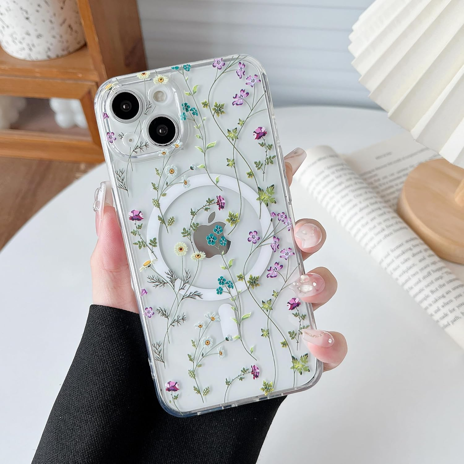 RALEAVO for Iphone 13 Case Compatible with Magsafe Clear Floral Cover with Flower Branch Pattern for Girls Women Slim Cute Hard Back Shockproof Phone Case for Iphone 13,Transparent