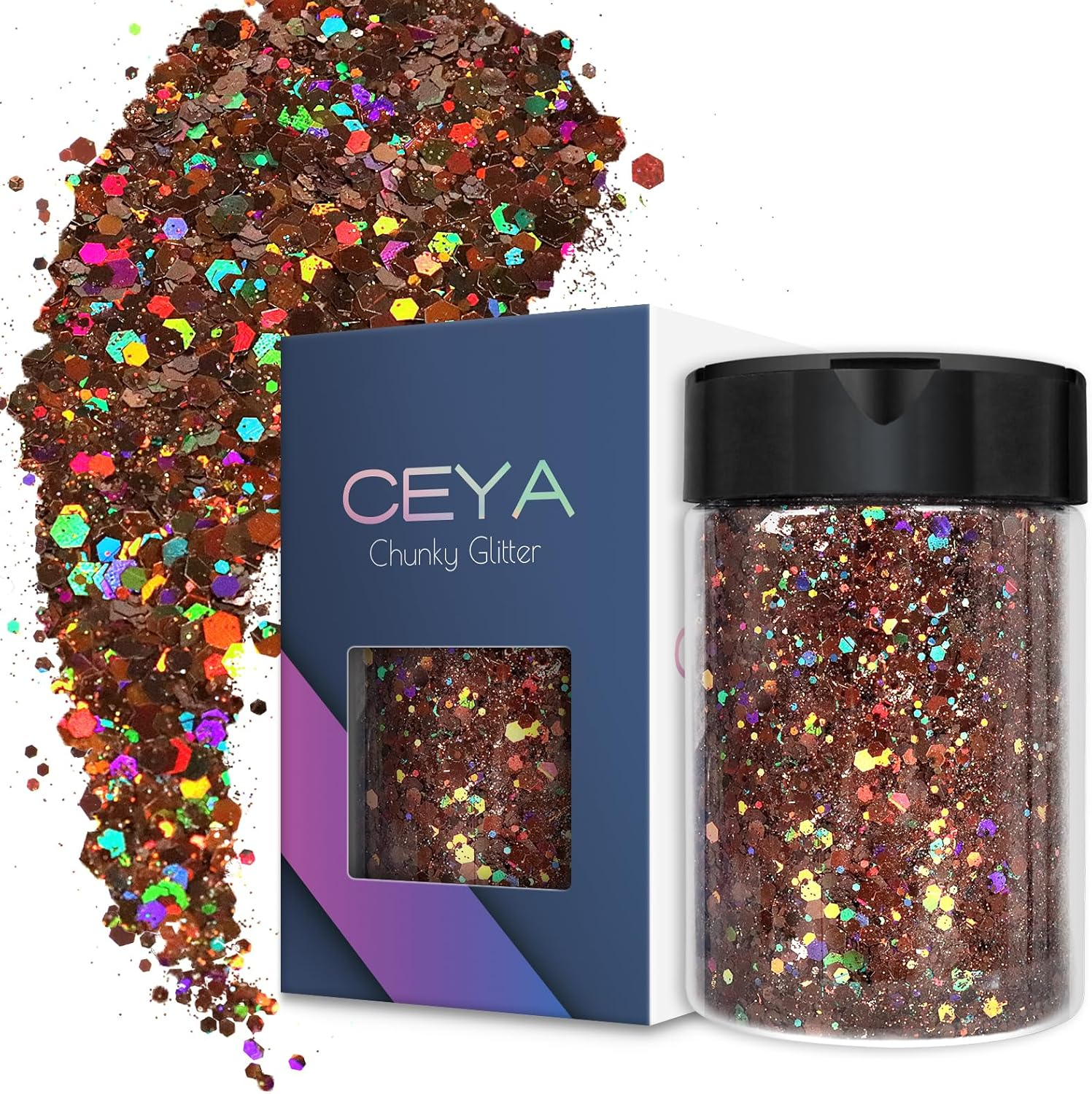 Ceya Holographic Chunky Glitter, 4.9Oz/ 140G Gold Craft Glitter Powder Mixed Chunky & Fine Flakes Iridescent Nail Sequins for Nail Art, Hair, Epoxy Resin, Tumblers, Slime, Painting, Festival Decor