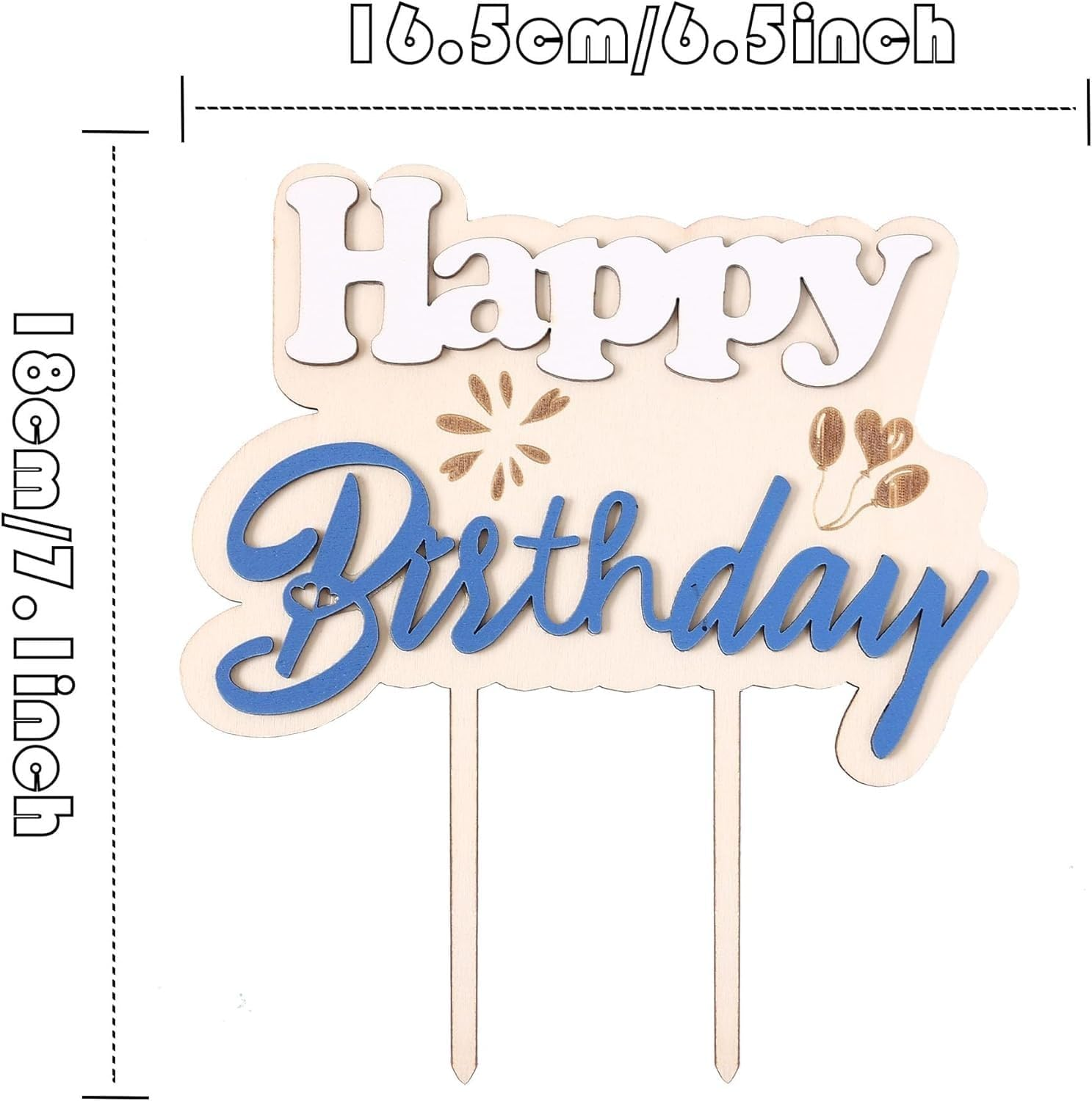 Happy Birthday Wooden Cake Topper &ndash; Blue & White Balloon Theme with Fireworks &ndash; Elegant Party Decoration for Kids, Adults, and Anniversaries &ndash; 7&rdquo; Tall &ndash; Style E image number 1