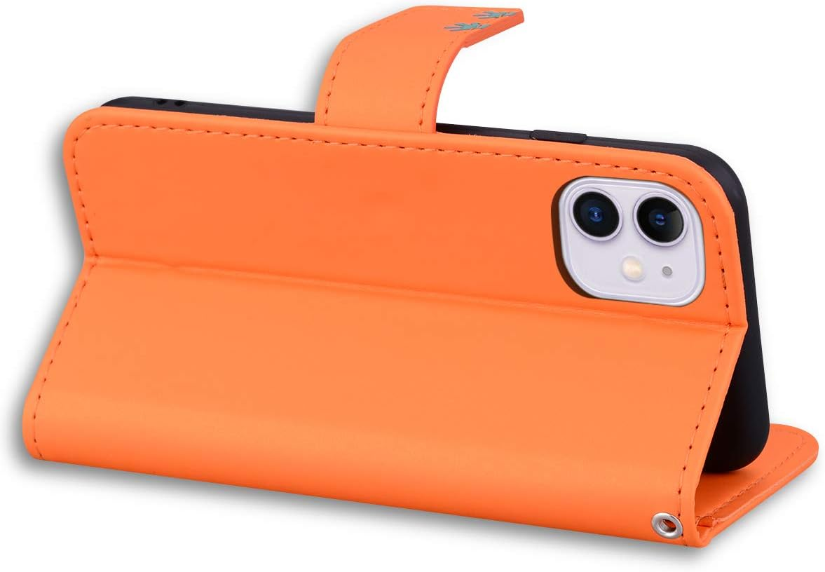 ONETHEFUL Mobile Phone Case Book Cover for Iphone 11 Faux Leather Foldable Flip Phone Case Wallet Case with Stand Orange