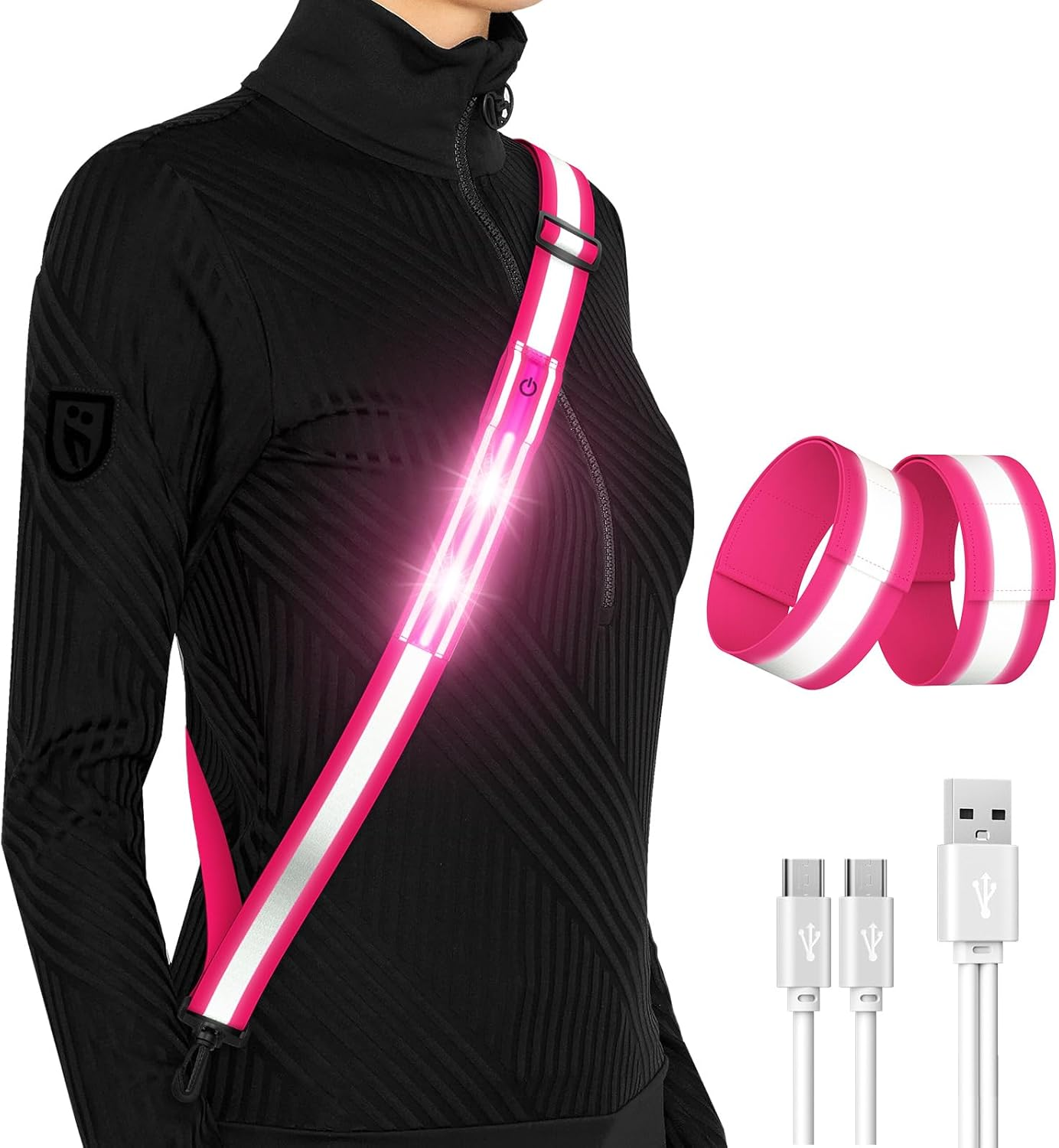 Fokia Kunbio LED Reflective Running Gear High Visibility Reflective Belt Sash with Armband for Walking at Night,Adjustable Running Safety Gear Light up Running Belt for Runners Walkers Men Women