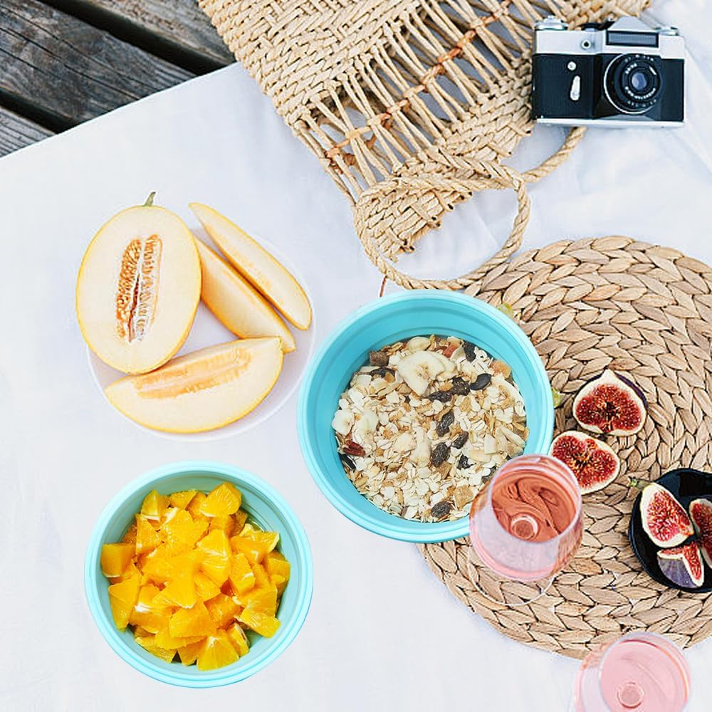 Lbxtswpl Collapsible Bowl, 2 Pieces with Lid Silicone Bowl with Fruit Fork for Camping Hiking Kitchen School Outdoor (Blue) image number 4