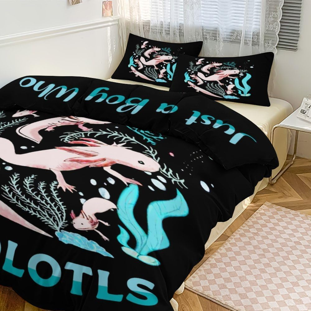 Cute Salamander Comforter Set Kawaii Axolotl Duvet Cover Axolotl Bedding Set Twin Full Queen King Size Animals Quilt Set for Boys Girls Kids Teenagers Adults Men Women with 2 Pillowcases 90"X90" image number 2