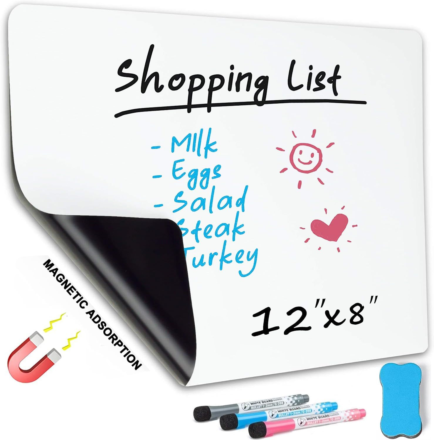 12X8 Magnetic Whiteboard for Fridge - Mini Magnetic Dry Erase Board Sheet with 3 Colored Markers and Eraser - Fridge Whiteboard for Office, Kitchen, Locker, Notice Board, or Shopping List image number 2