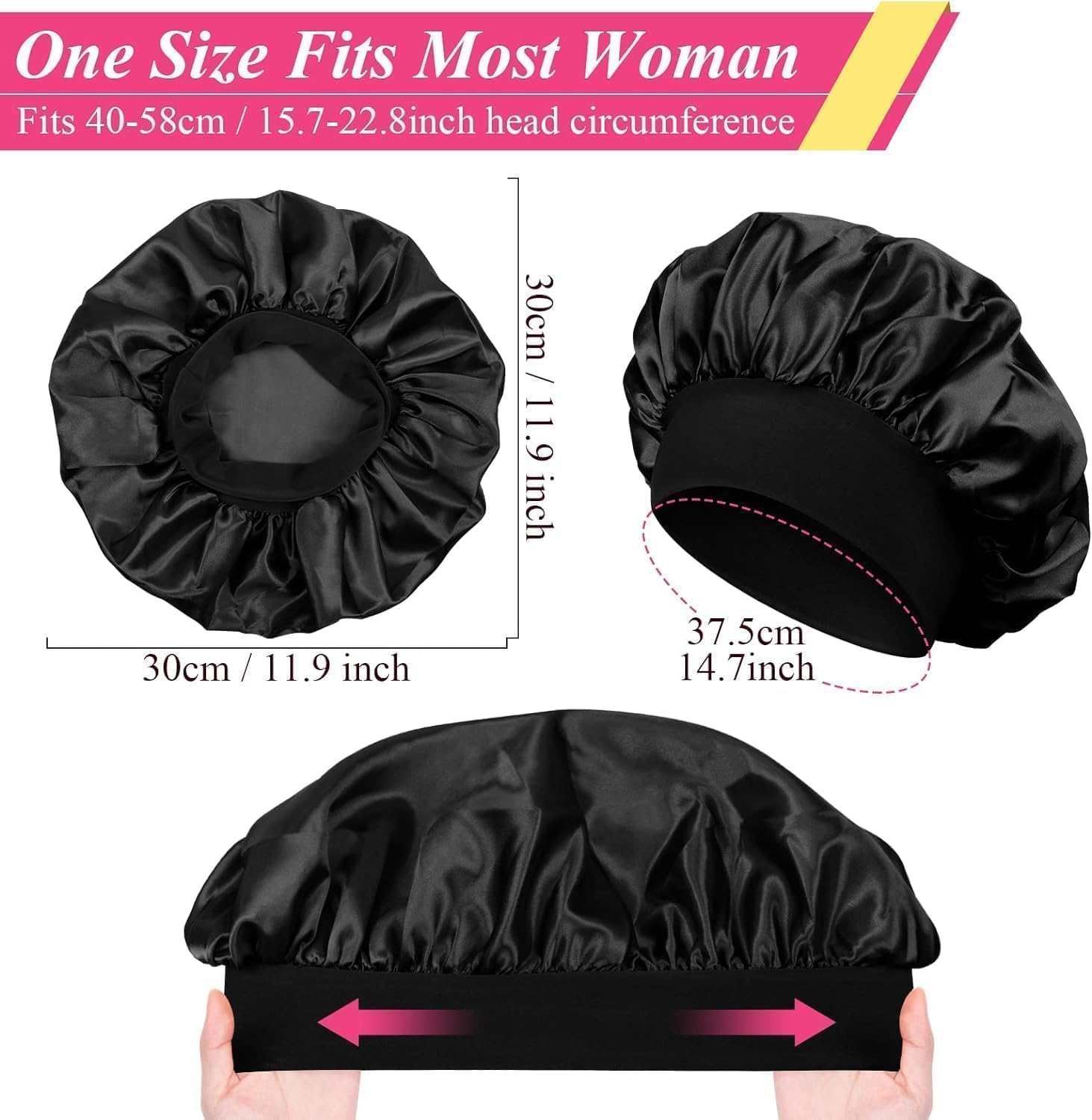 Mumoo Bear [2 Pcs] Satin Silk Hair Bonnet with Wide Elastic Band, Bonnet Silk Wrap for Sleeping, Soft Head Cover Sleep Hat Night Shower Cap for Women Men Curly Hair image number 4