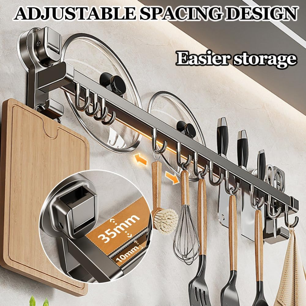 Kitchen Organizer, Kitchen Utensil Rack, Double Rod Wall Mount Hanging Shelf, Pot Hanging Rack, Kitchen Railing with Hooks for Pots and Pans, Gray (10 Hooks 50Cm) image number 3