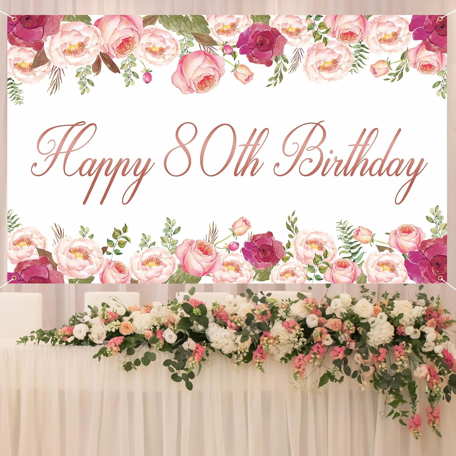 Vlipoeasn Elegant White Happy 80Th Birthday Decorations for Women Rose Gold Flower Peony Photography Backdrop for 80Th Birthday Party Surprise for Mother Cheers to 80 Years Old Birthday Party Supplies image number 1