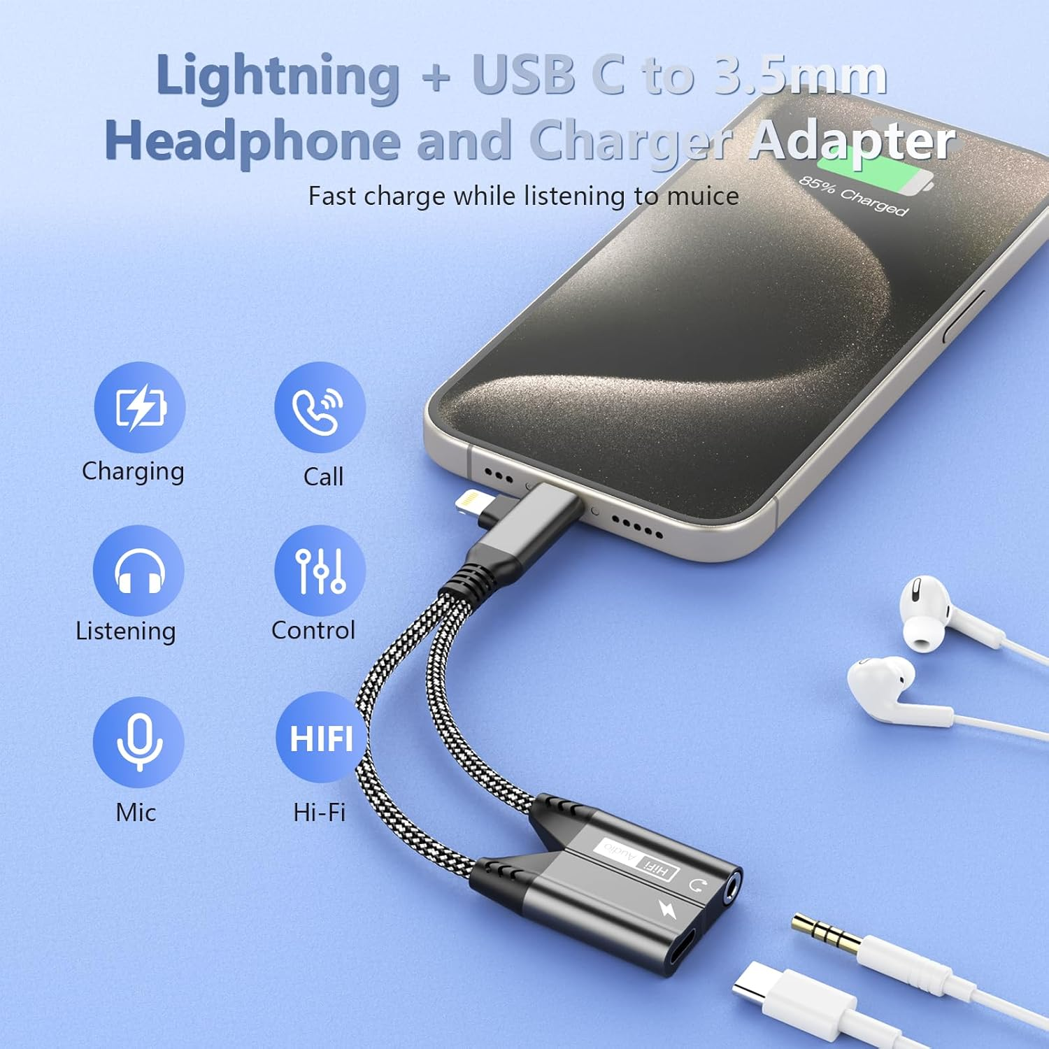 2 in 2 Magnetic Lightning + USB C to 3.5Mm Headphone Jack and Charger Adapter for Iphone, PD60W Hi-Res Aux Audio Headphone Splitter Cable Adapter for Iphone 16 15 14 13 12 11 Xr/Ipad/Ipad/Samsung S25 image number 1