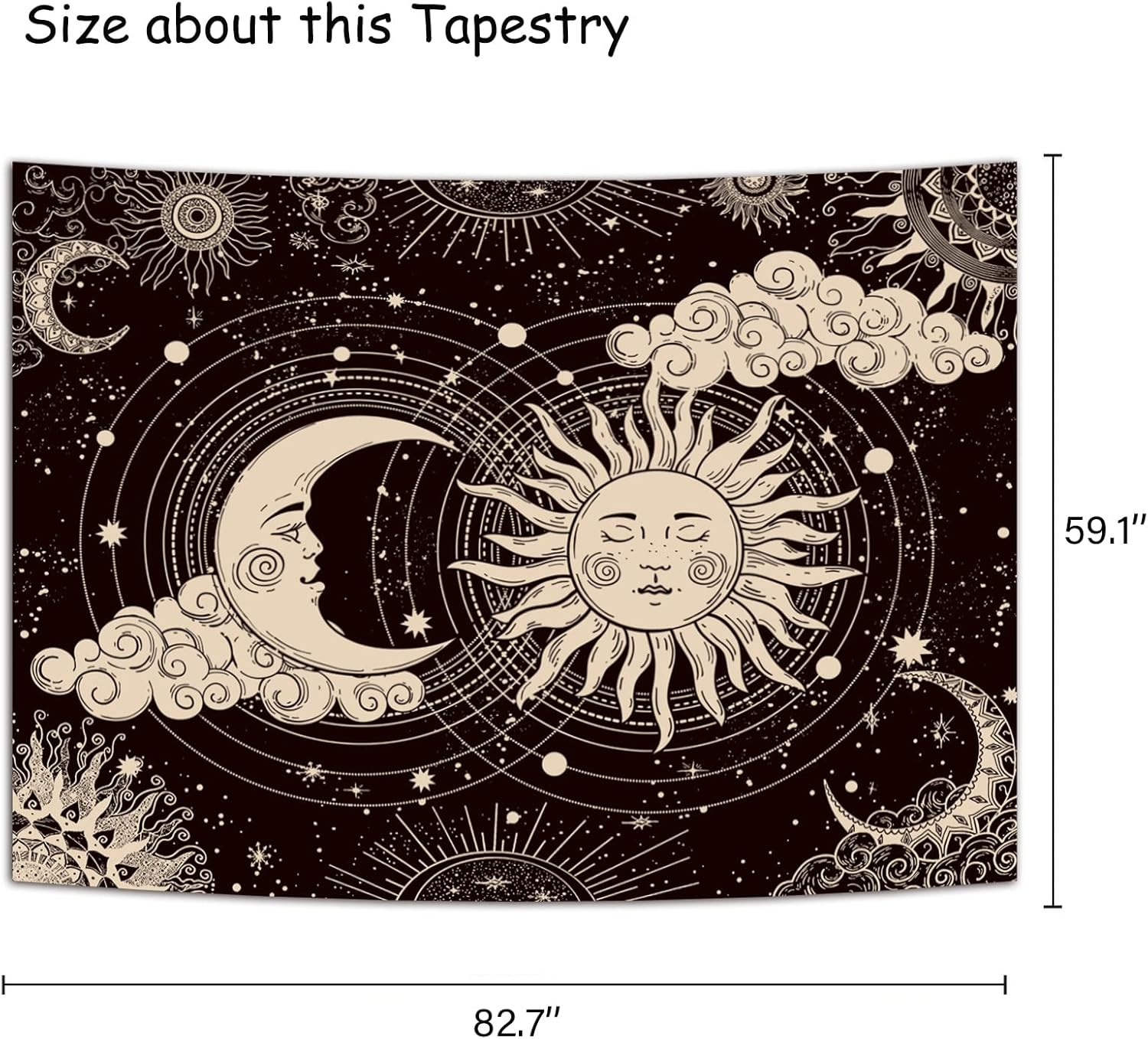 Sun and Moon Tapestry, Aesthetic Black Dark Spiritual Tapestries Mystic Burning Sun with Clouds Star Wall Hanging Decor for Bedroom (59.1" X 82.7") image number 2