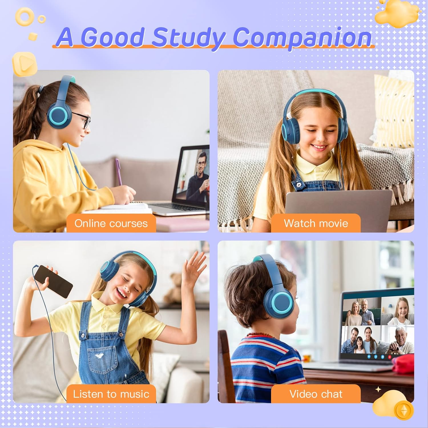 Kids Headphones, Wired Children Headphones with 94Db Safe Volume Control, Foldable Design, Comfortable for Online Learning/School/Travel/Tablet (Blue) image number 1