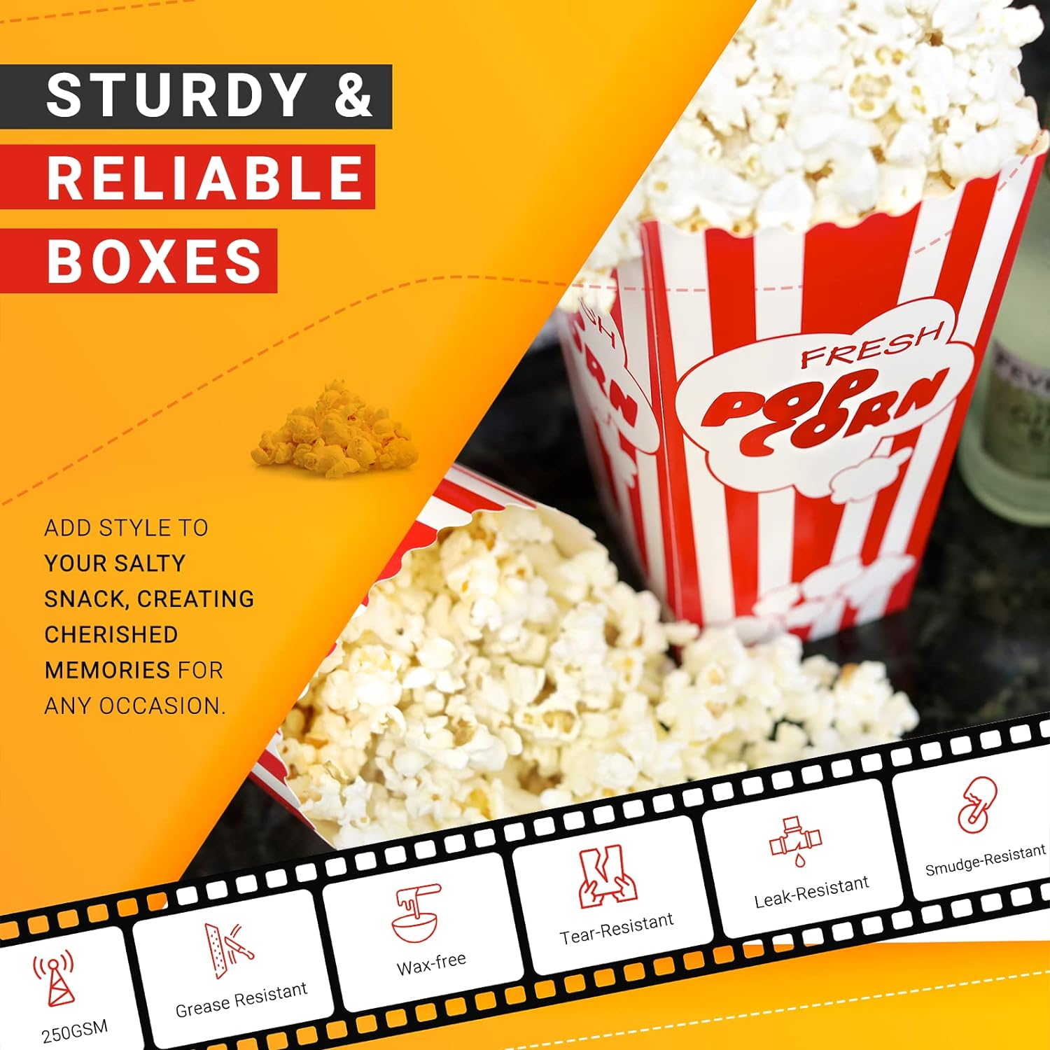 30 Movie Night Popcorn Paper Boxes Buckets 7.75 Inches Tall Large & Holds 46 Oz Old Fashion Vintage Retro Party Design Red & White Colored Nostalgic Carnival Stripes Bags & Tubs [Various Qty Avail] image number 4