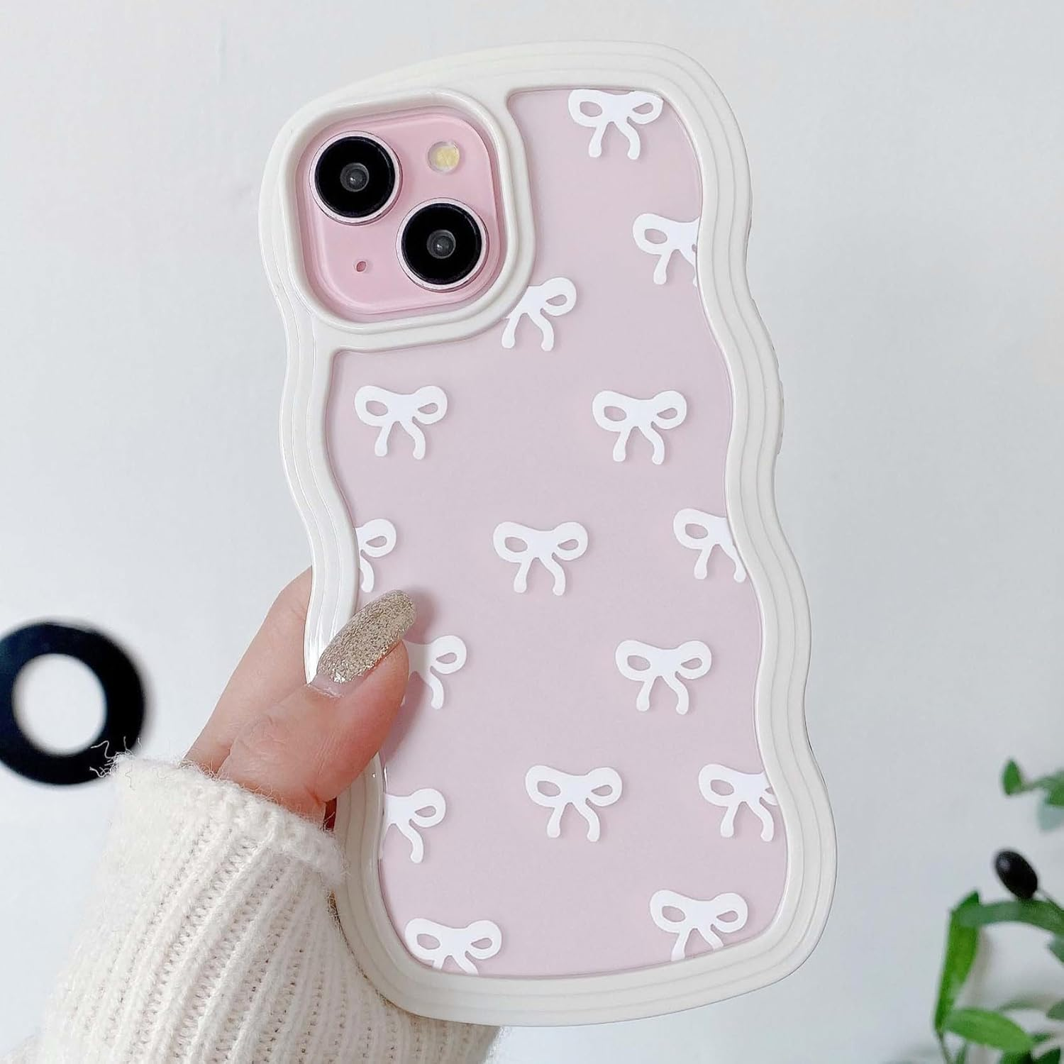 QLTYPRI Bow Case for Iphone 13/Iphone 14, Clear Cute Ribbon Bow Phone Case Curly Wavy Aesthetic Phone Case, Slim Soft Transparent Shockproof Protective Cover for Women Girls - White image number 7