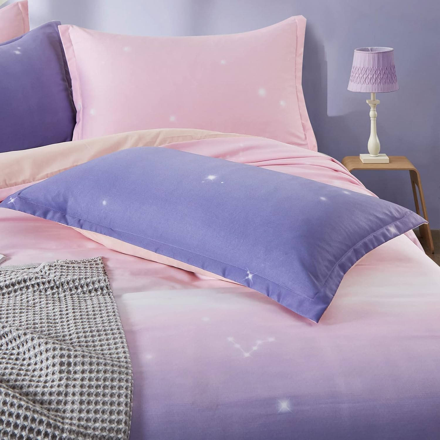 Purple Bedding Set Pink Gradient Duvet Cover Rainbow Quilt Cover Pillowcase with Zipper Closure for Kids Girls Teens Adults (Single Size 135X200Cm) image number 1