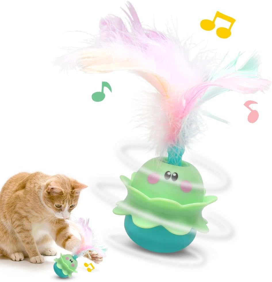 LOMUG Electric Cat Toy, 2-In-1 Interactive Toy Cats, Automatic Rotating Tumbler Cat Toy with Feather and Sound Rechargeable Lights Cat Toy Gifts for Cat Lovers