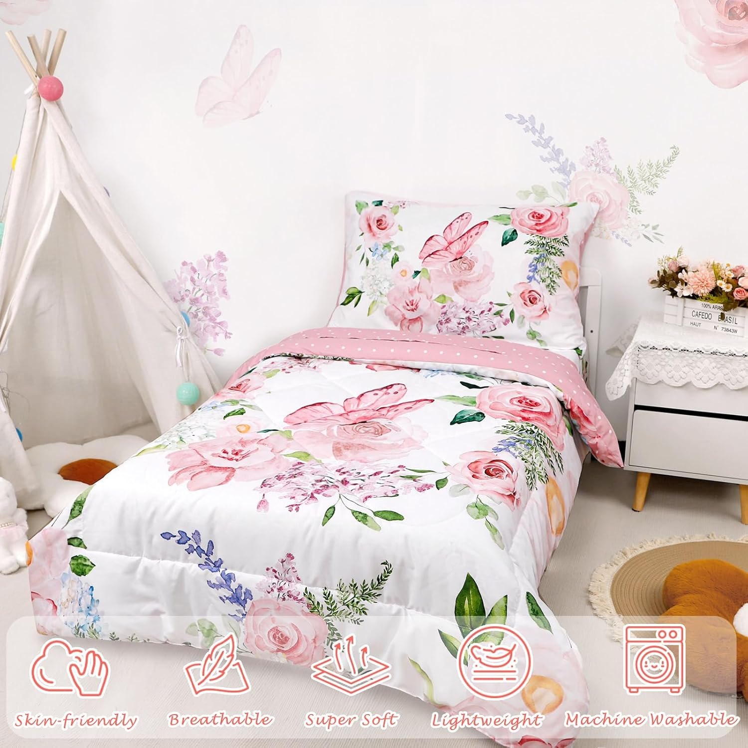 4 Piece Toddler Bedding Set for Girls, Butterfly Toddler Comforter Set, Ultra Soft Toddler Bed Set Includes Comforter, Flat Sheet, Fitted Sheet, Pillowcase (Pink Floral & Butterfly Pattern) image number 6