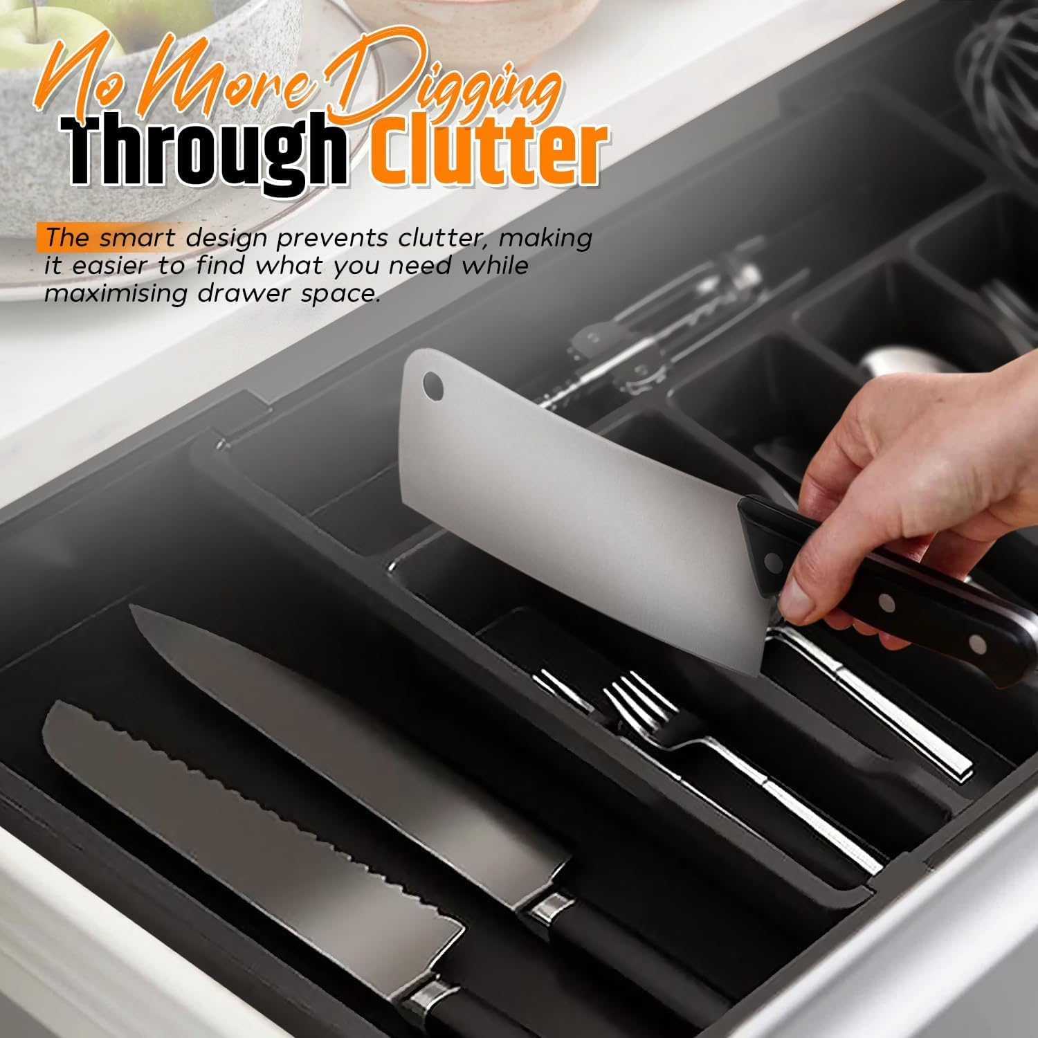 Expandable Kitchen Drawer Organizer &ndash; Large Black Cutlery Tray 33-57Cm &ndash; Adjustable Utensil Holder &ndash; 8 Compartments &ndash; Water-Resistant Plastic Storage for Silverware, Spoons, Forks, Knives & Gadgets
