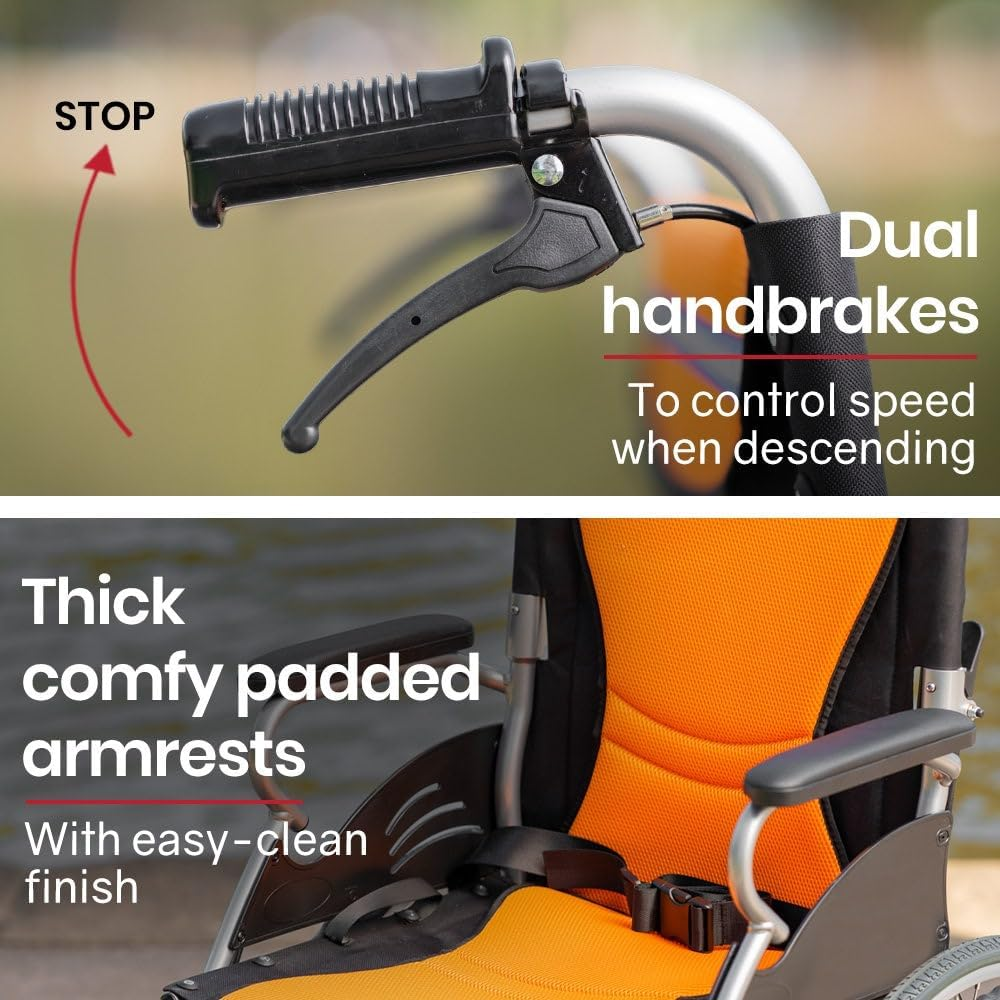 "Equipmed Folding Aluminium Wheelchair, 20"" Wheels, Park Brakes, 100Kg Capacity, Orange" image number 2