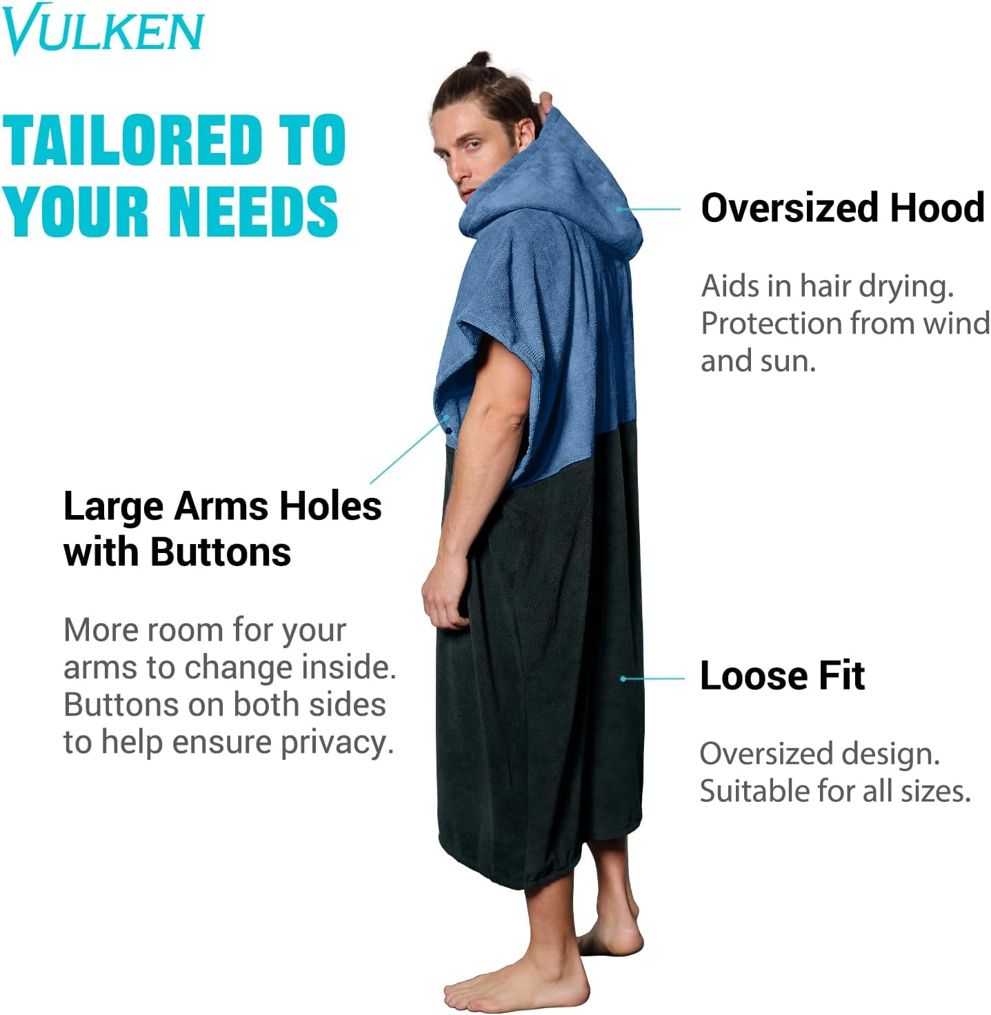 Vulken Thick Hooded Beach Towel Changing Robe, Surf Poncho for Men and Women, Easy Change, Microfiber Towelling for Beach Swimming, 47"X37", Black Blue
