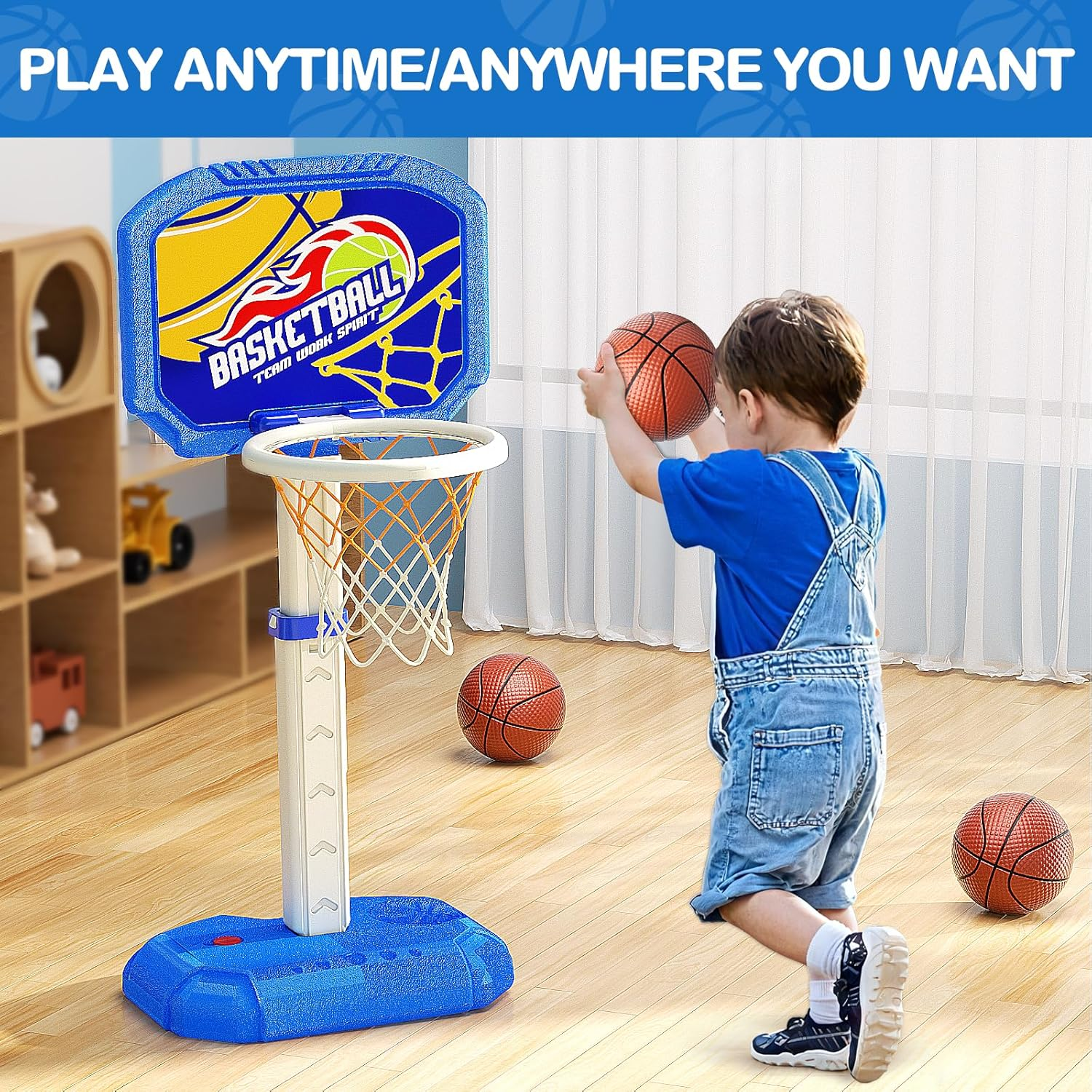 Toddler Basketball Hoop for 1-3, 2 in 1 Indoor & Outdoor Swimming Pool Games Basketball, Adjustable Height Basketball Toy with 3 Balls and Air Pump, Gifts for Kids Boys Girls image number 1