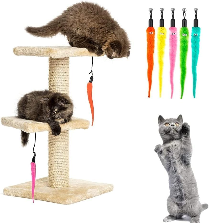 Interactive Cat Wand Toy with 15Pcs Worm Refills - Feather Toy Replacement for Retractable Wands