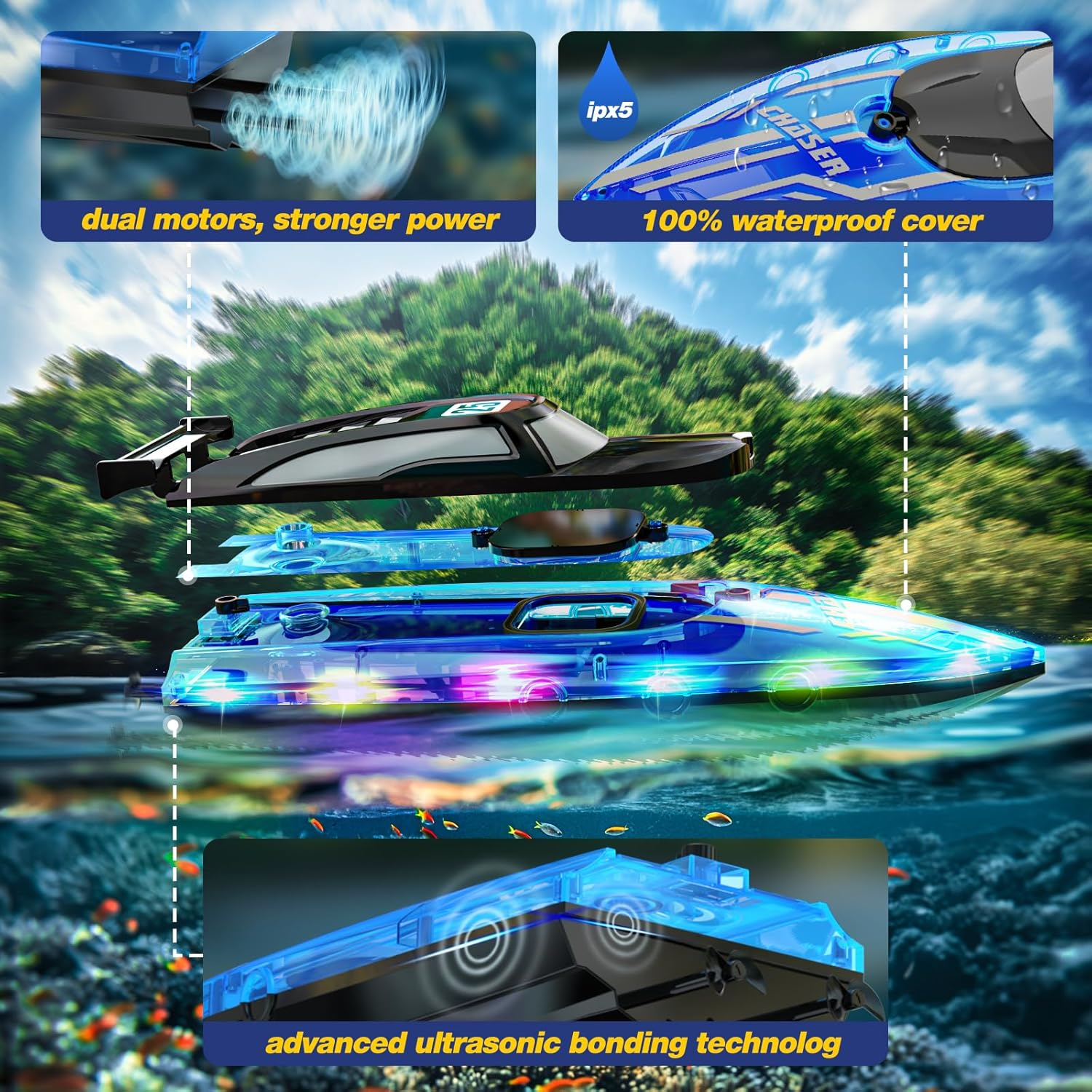 RC Boat with Dazzling LED Lights & US Flag,2.4Ghz Remote Control Racing Boats for Kids 8-12,Toy Water Boat for Pools and Lakes with Waterproof for Boys Girls Blue image number 1