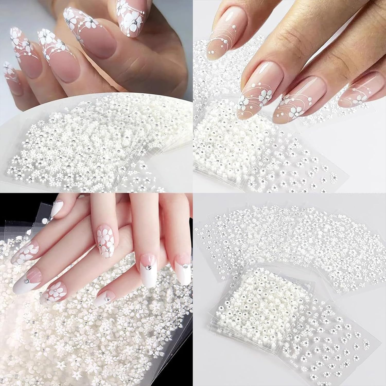 30 Sheets White Flower Nail Art Stickers with Rhinestones, 3D Nail Decals Self Adhesive for Nails Decorations for Women Girl image number 5