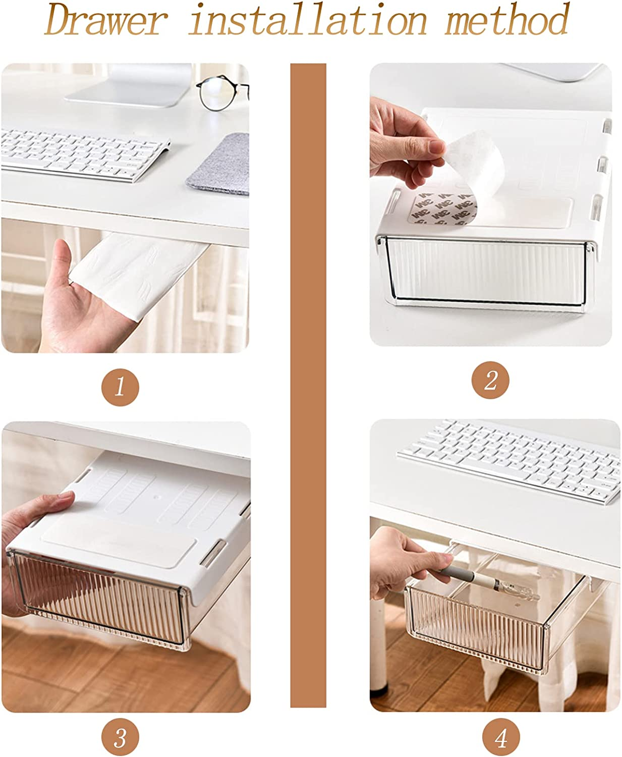 2 Sets Self-Adhesive Slide-Out under Desk Drawer, Hidden Attachable Storage Organizer for Office Home Closet, Clear Plastic Stick-On Drawer for Stationery Supplies (Clear) image number 4