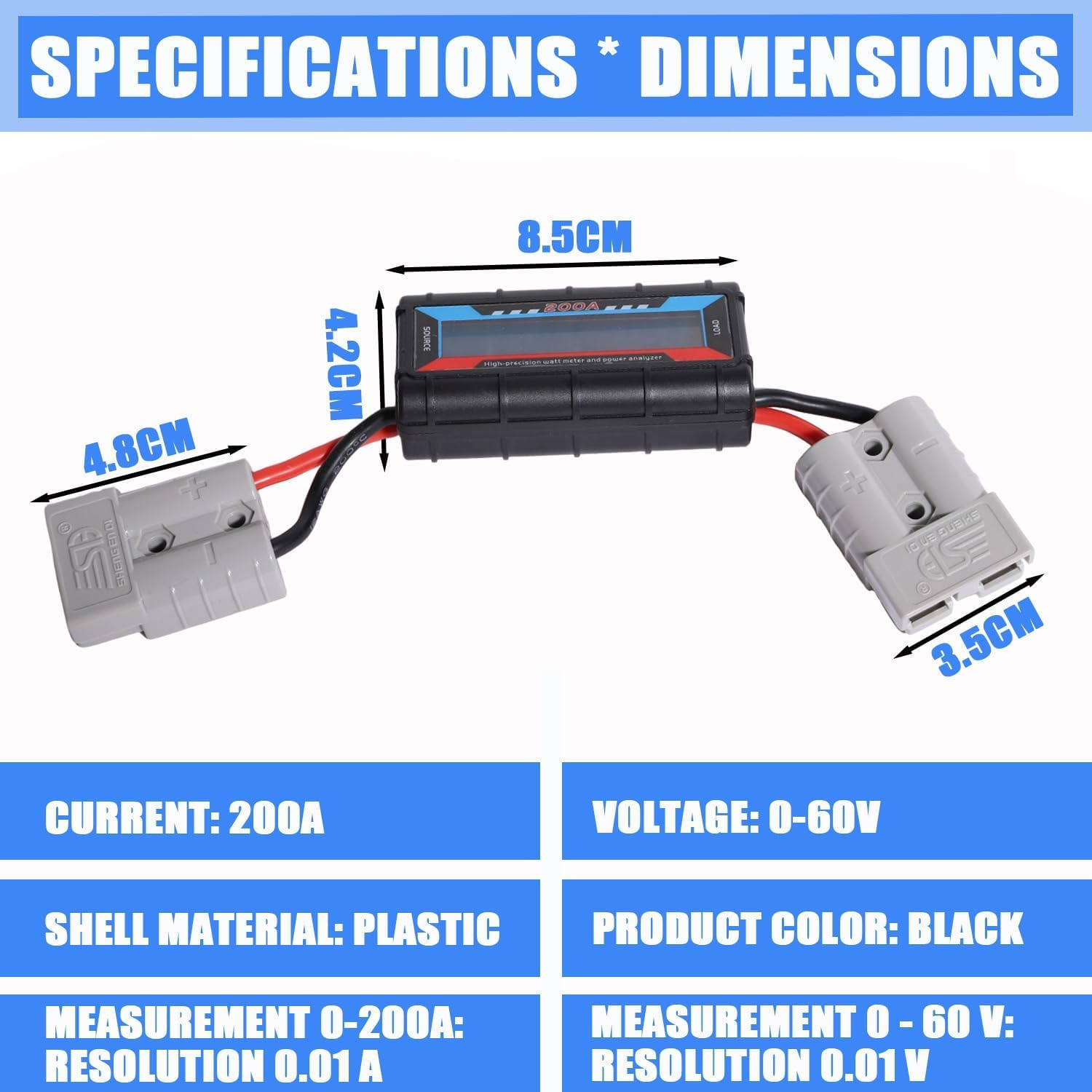 High Precision Power Analyzer 200A Solar Panel Watt Meter 50A Anderson Plug DC Amp Lcd Digital Backlight for Battery RV Wind Energy Monitoring image number 3