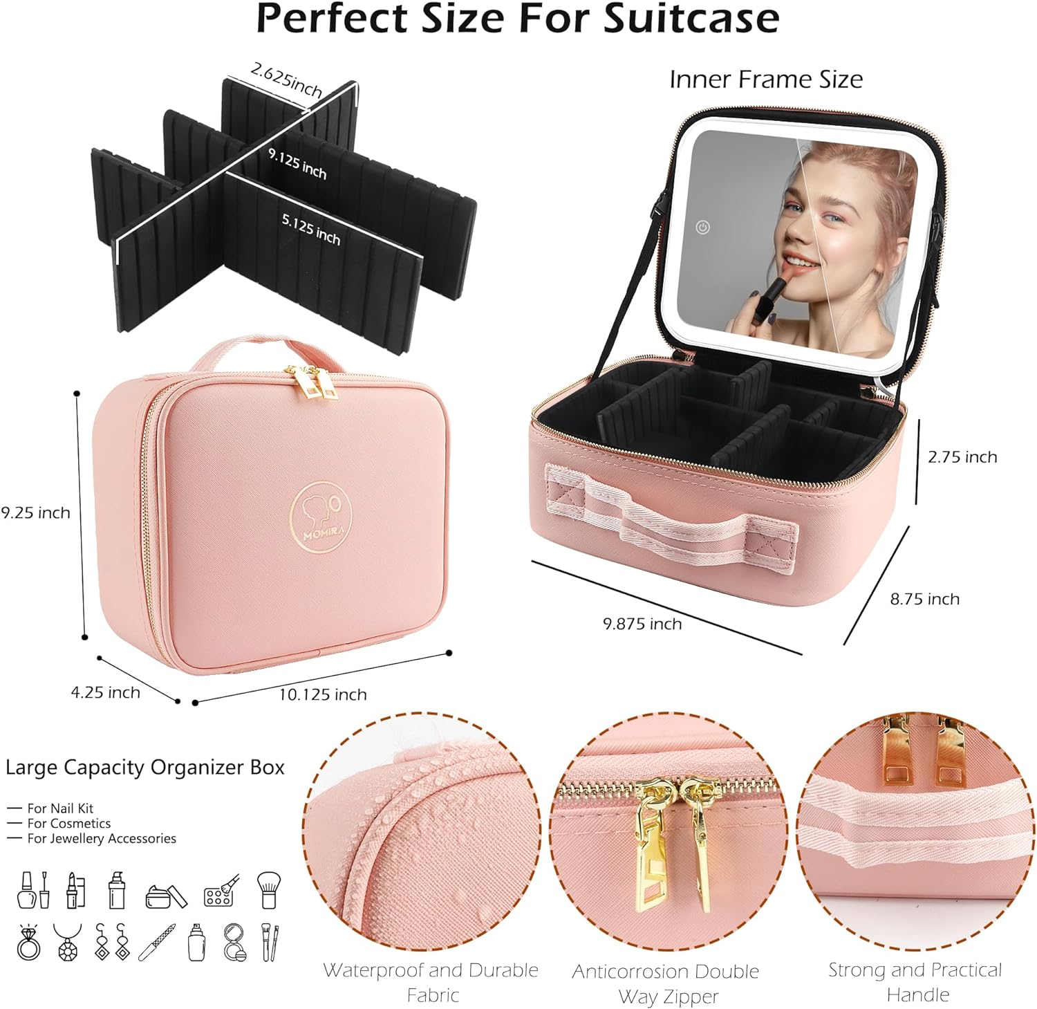 MOMIRA Travel Makeup Bag Cosmetic Bag Makeup Organizer Bag with Lighted Mirror, Adjustable Brightness in 3 Color Scenarios, Waterproof Makeup Train Case - Pink image number 2